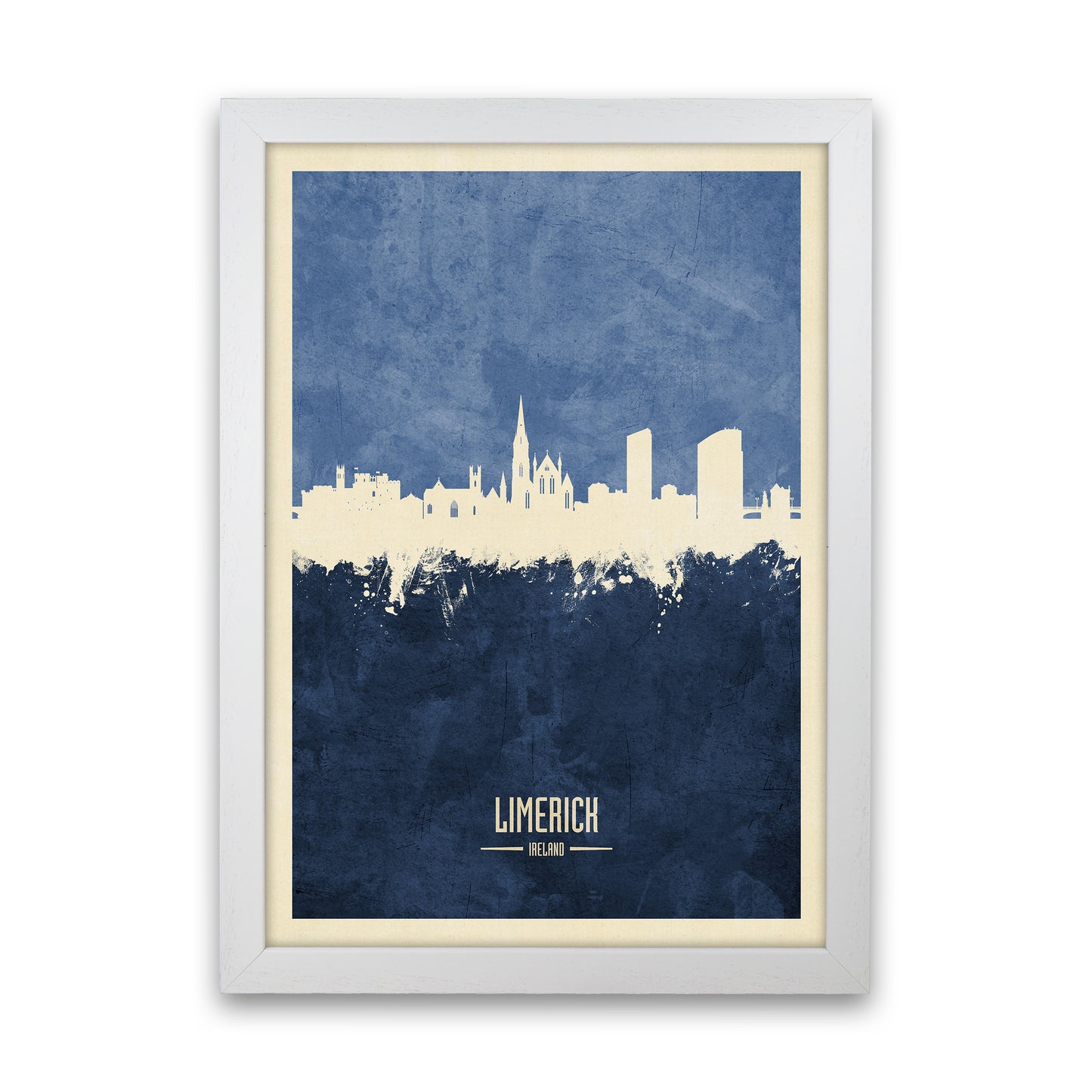 Limerick Ireland Skyline Portrait Navy Art Print by Michael Tompsett White Grain