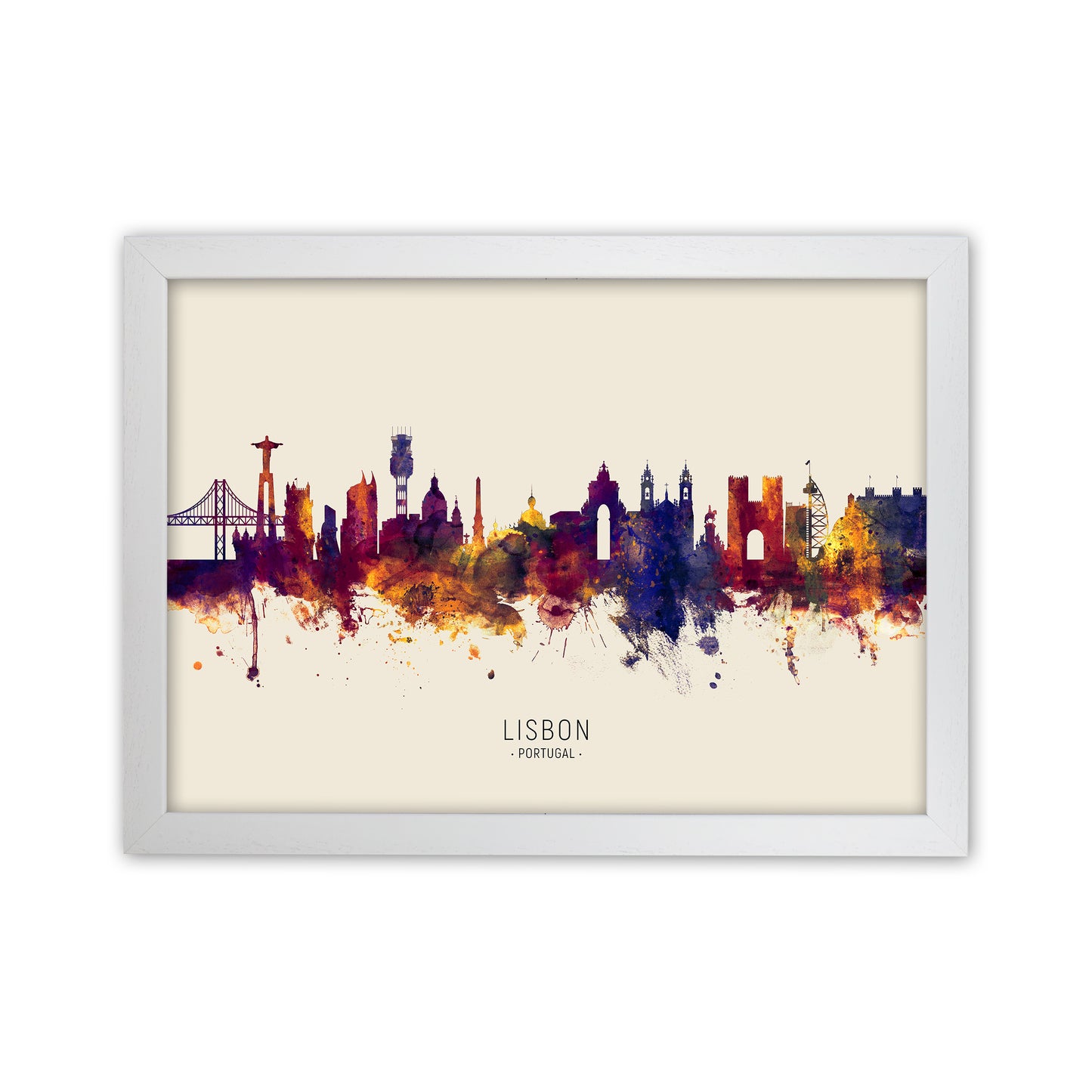 Lisbon Portugal Skyline Autumn City Name Art Print by Michael Tompsett White Grain