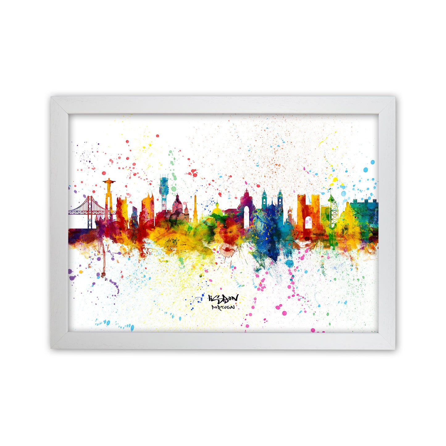 Lisbon Portugal Skyline Splash Art Print by Michael Tompsett White Grain