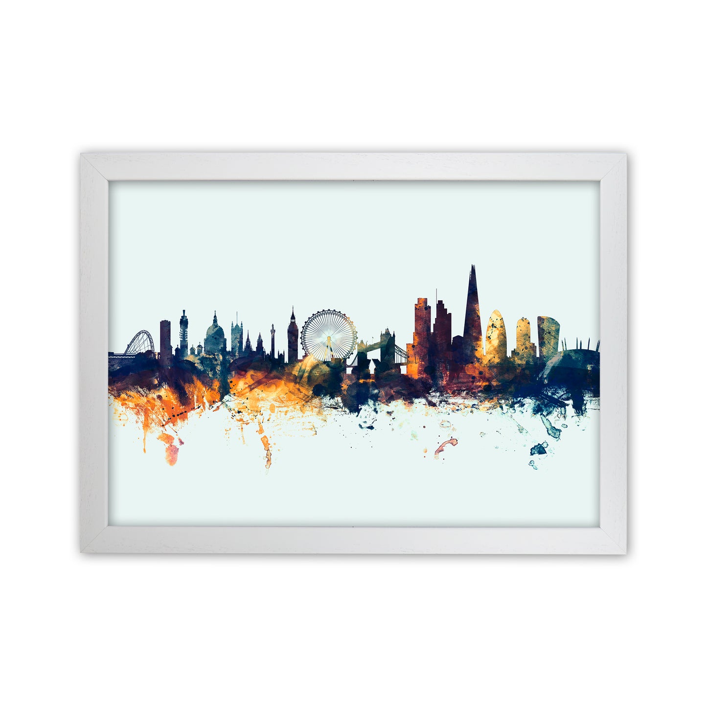 London England Skyline Blue Orange Art Print by Michael Tompsett White Grain