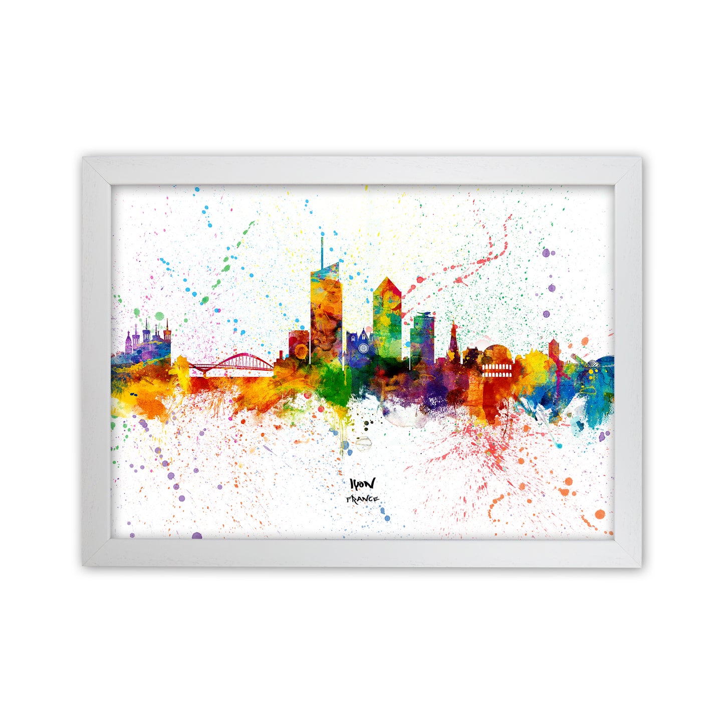 Lyon France Skyline Splash Art Print by Michael Tompsett White Grain