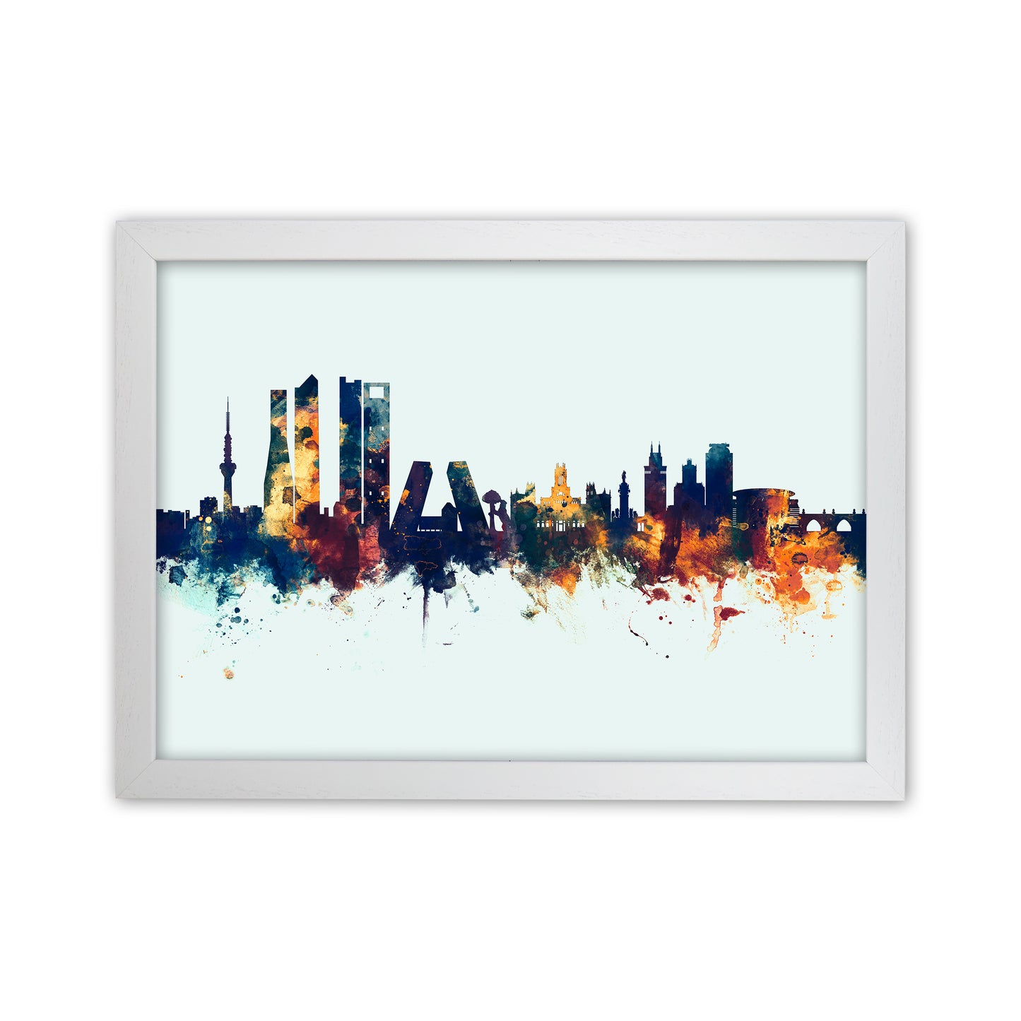 Madrid Spain Skyline Blue Orange Art Print by Michael Tompsett White Grain