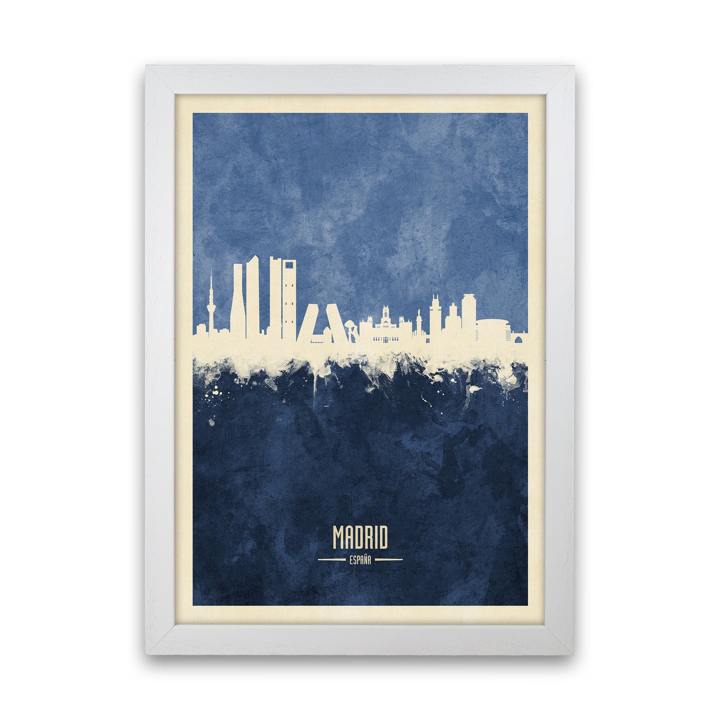 Madrid Spain Skyline Portrait Navy Art Print by Michael Tompsett White Grain