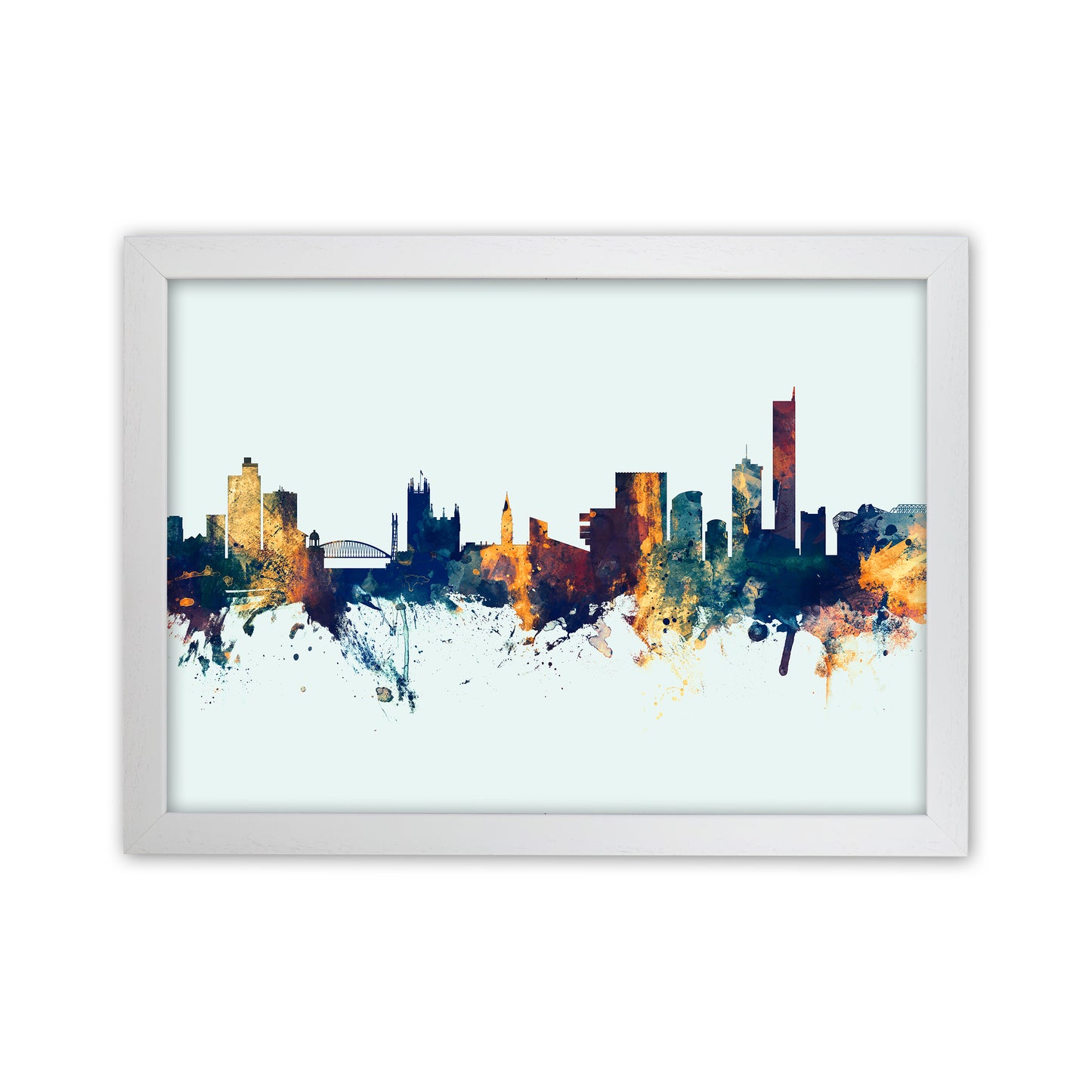 Manchester England Skyline Blue Orange Art Print by Michael Tompsett White Grain