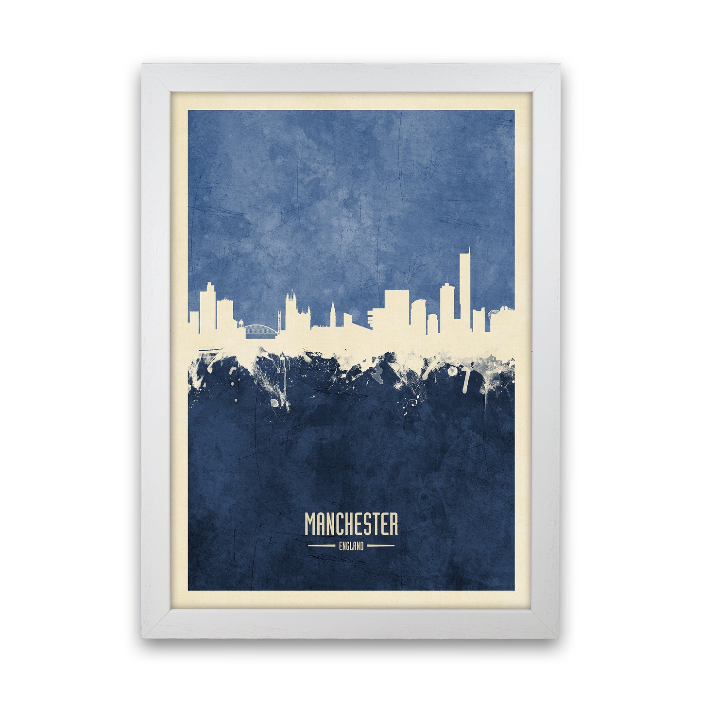 Manchester England Skyline Portrait Navy Art Print by Michael Tompsett White Grain