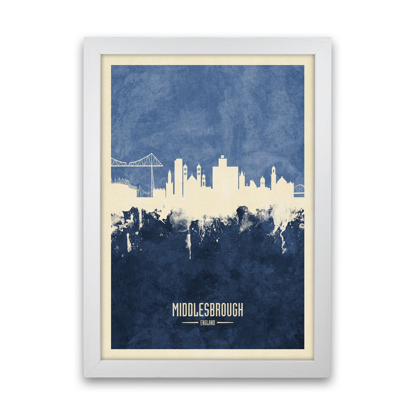 Middlesbrough England Skyline Portrait Navy Art Print by Michael Tompsett White Grain