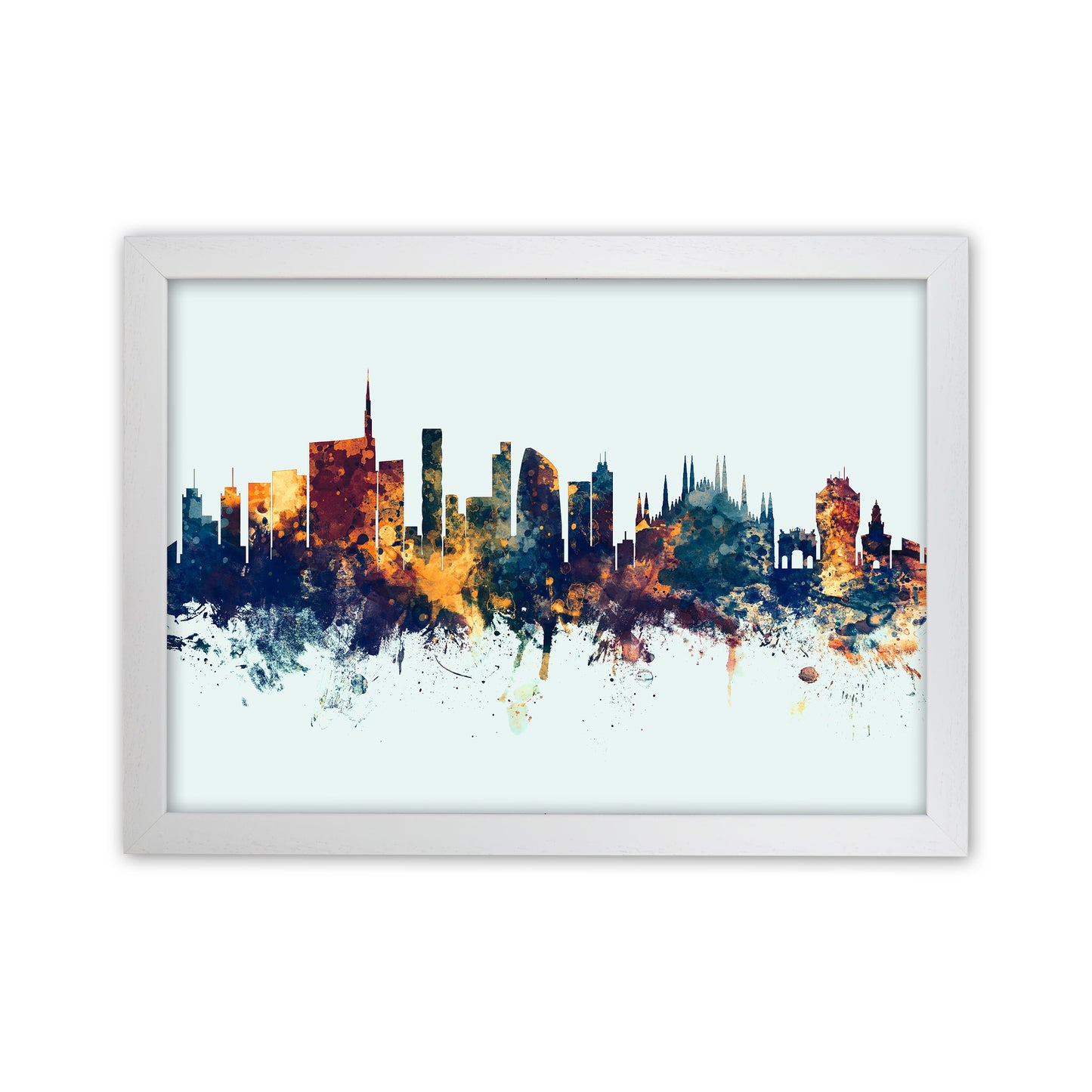 Milan Italy Skyline Blue Orange Art Print by Michael Tompsett White Grain