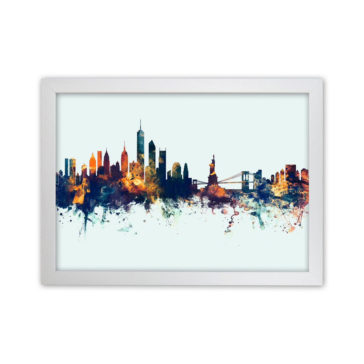 New York New York Skyline Blue Orange Art Print by Michael Tompsett White Grain