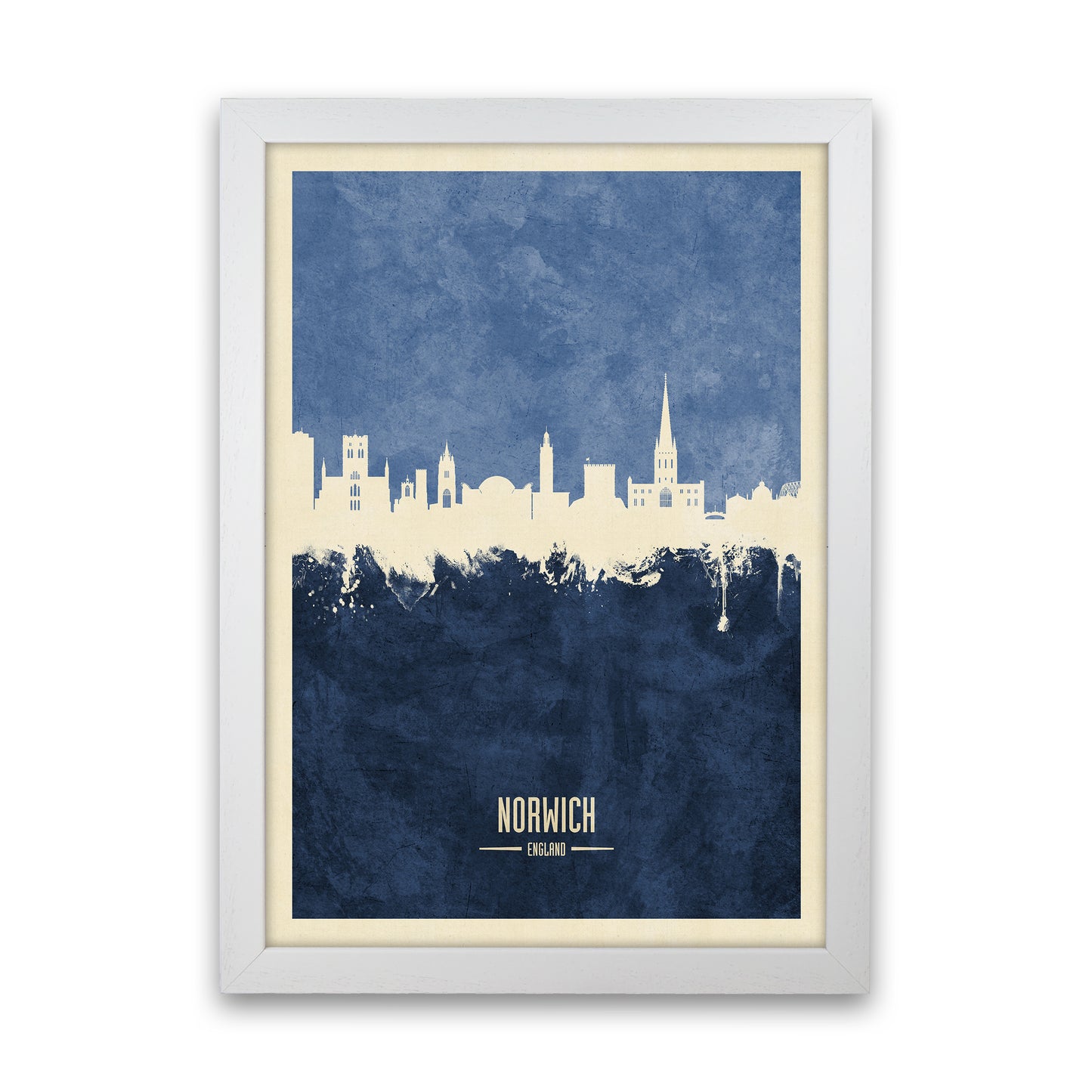 Norwich England Skyline Portrait Navy Art Print by Michael Tompsett White Grain