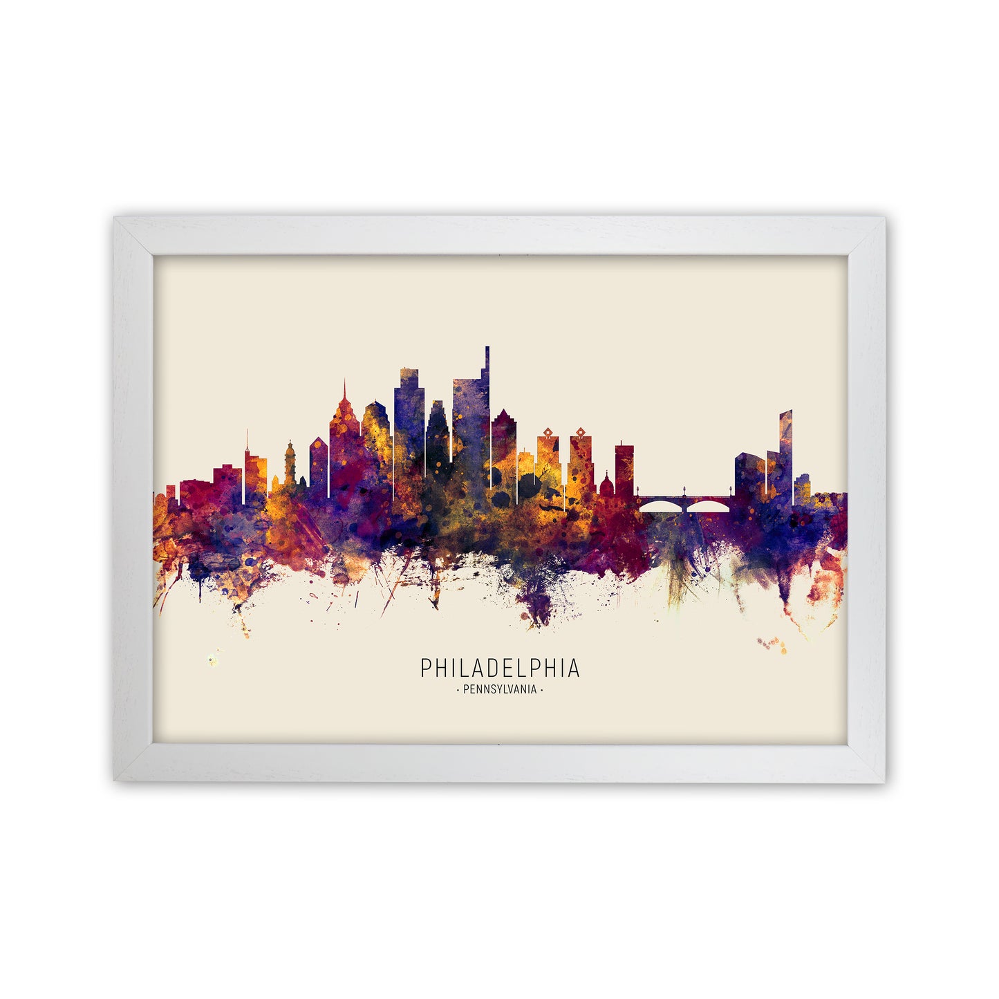 Philadelphia Pennsylvania Skyline Autumn City Name Art Print by Michael Tompsett White Grain