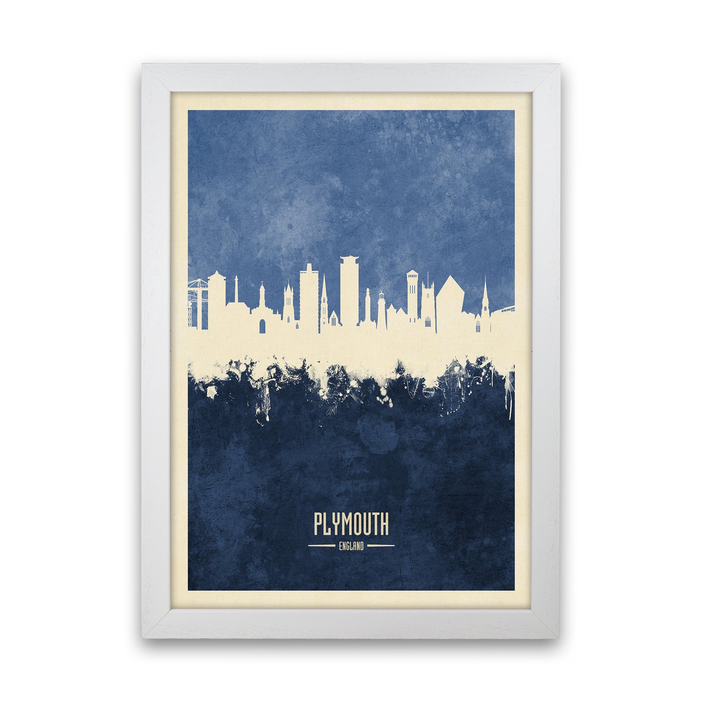 Plymouth England Skyline Portrait Navy Art Print by Michael Tompsett White Grain