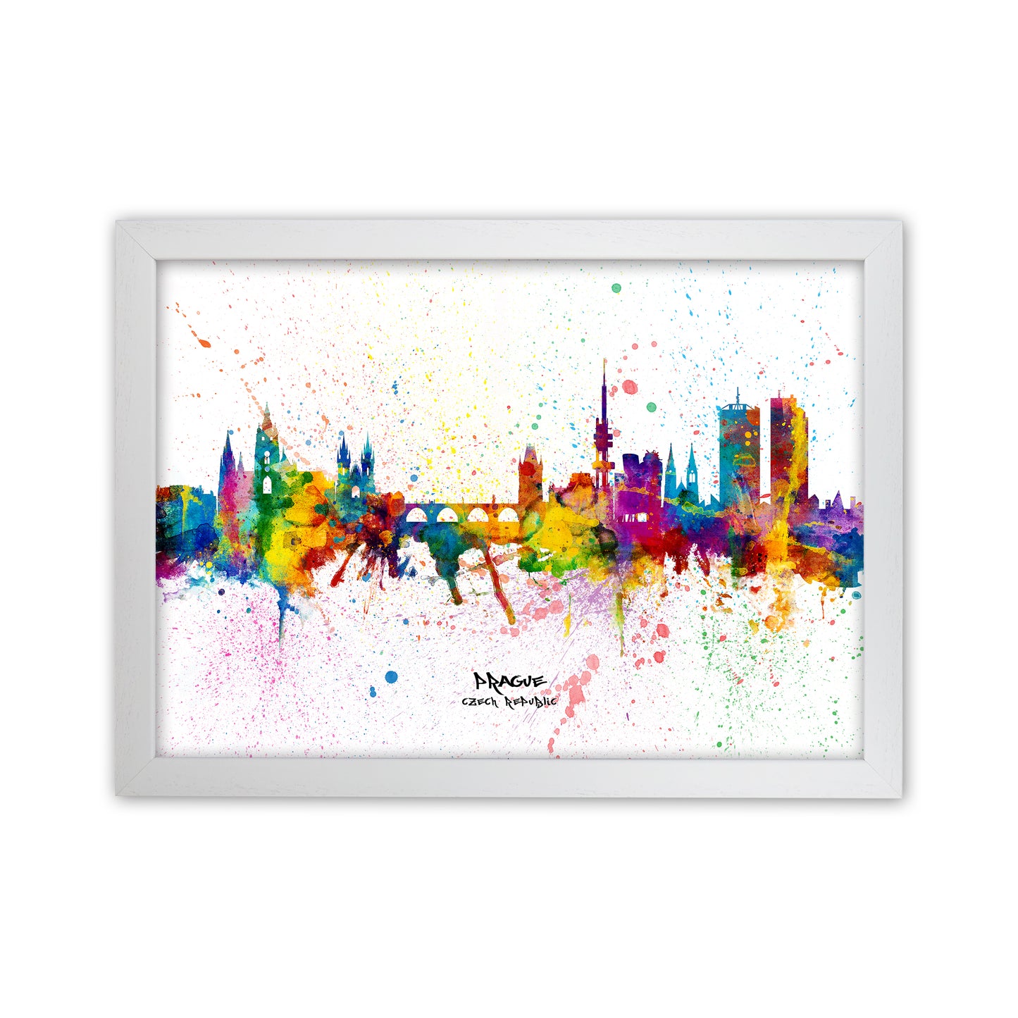 Prague Czech Republic Skyline Splash Art Print by Michael Tompsett White Grain