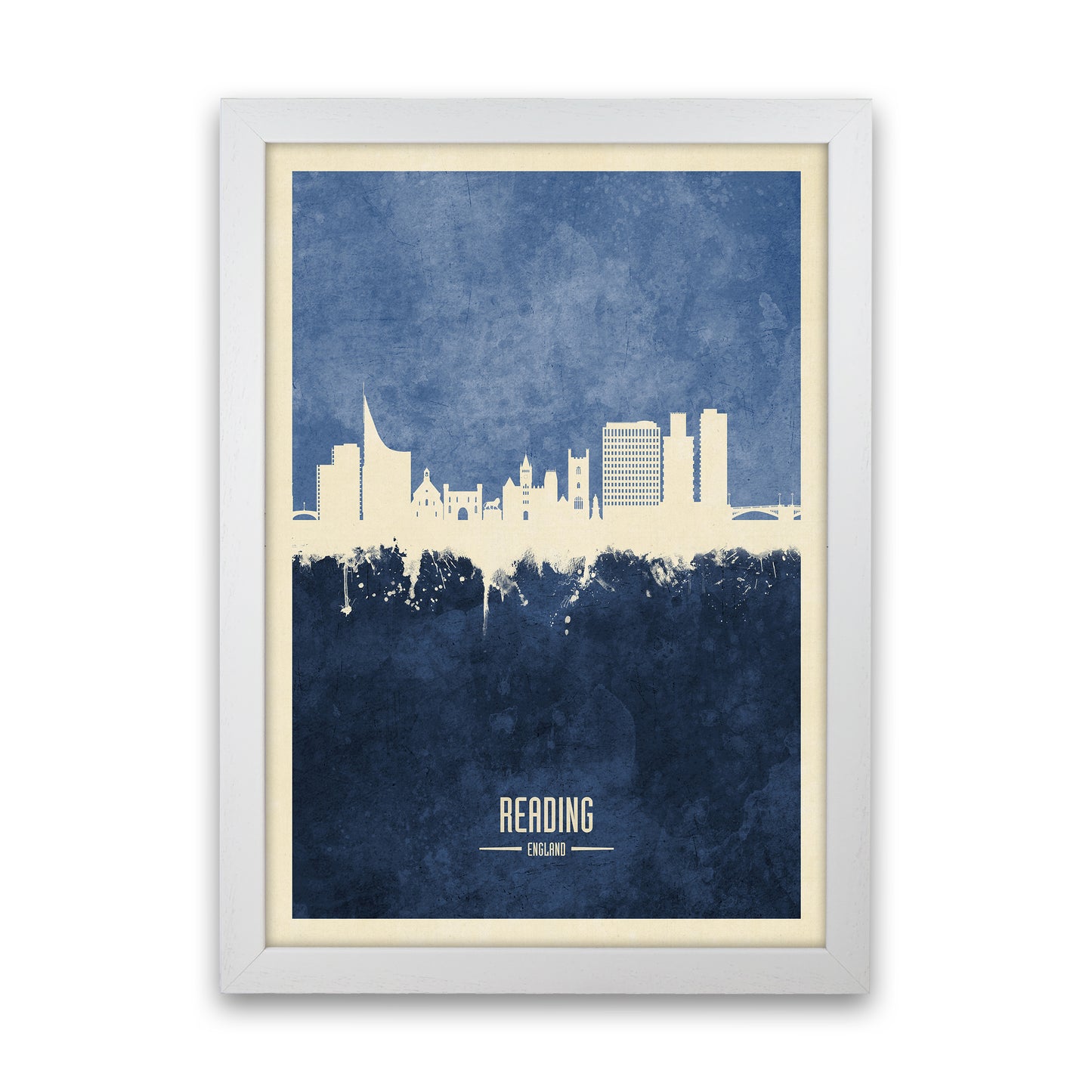 Reading England Skyline Portrait Navy Art Print by Michael Tompsett White Grain
