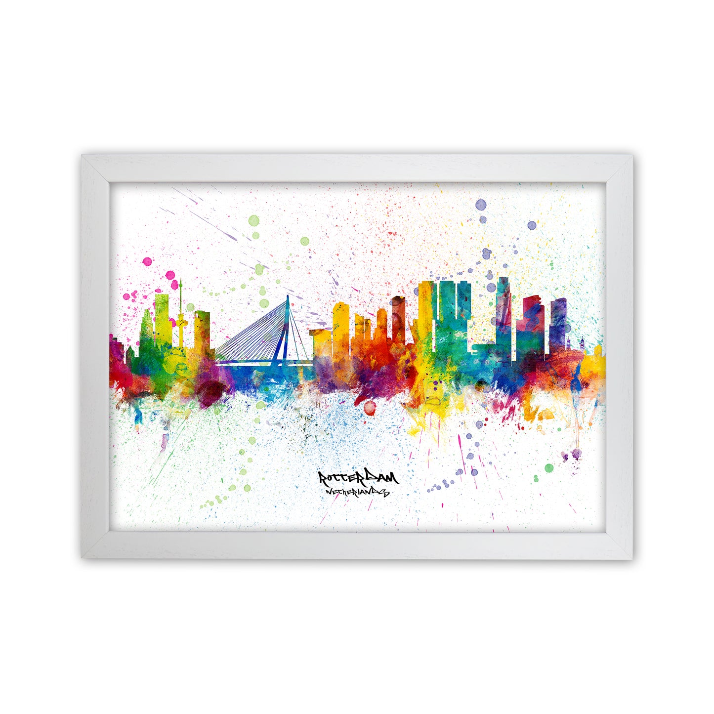 Rotterdam Netherlands Skyline Splash Art Print by Michael Tompsett White Grain
