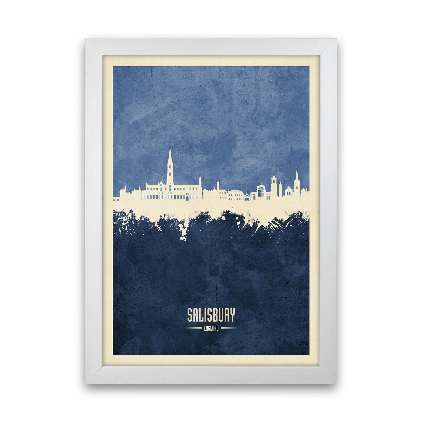Salisbury England Skyline Portrait Navy Art Print by Michael Tompsett White Grain