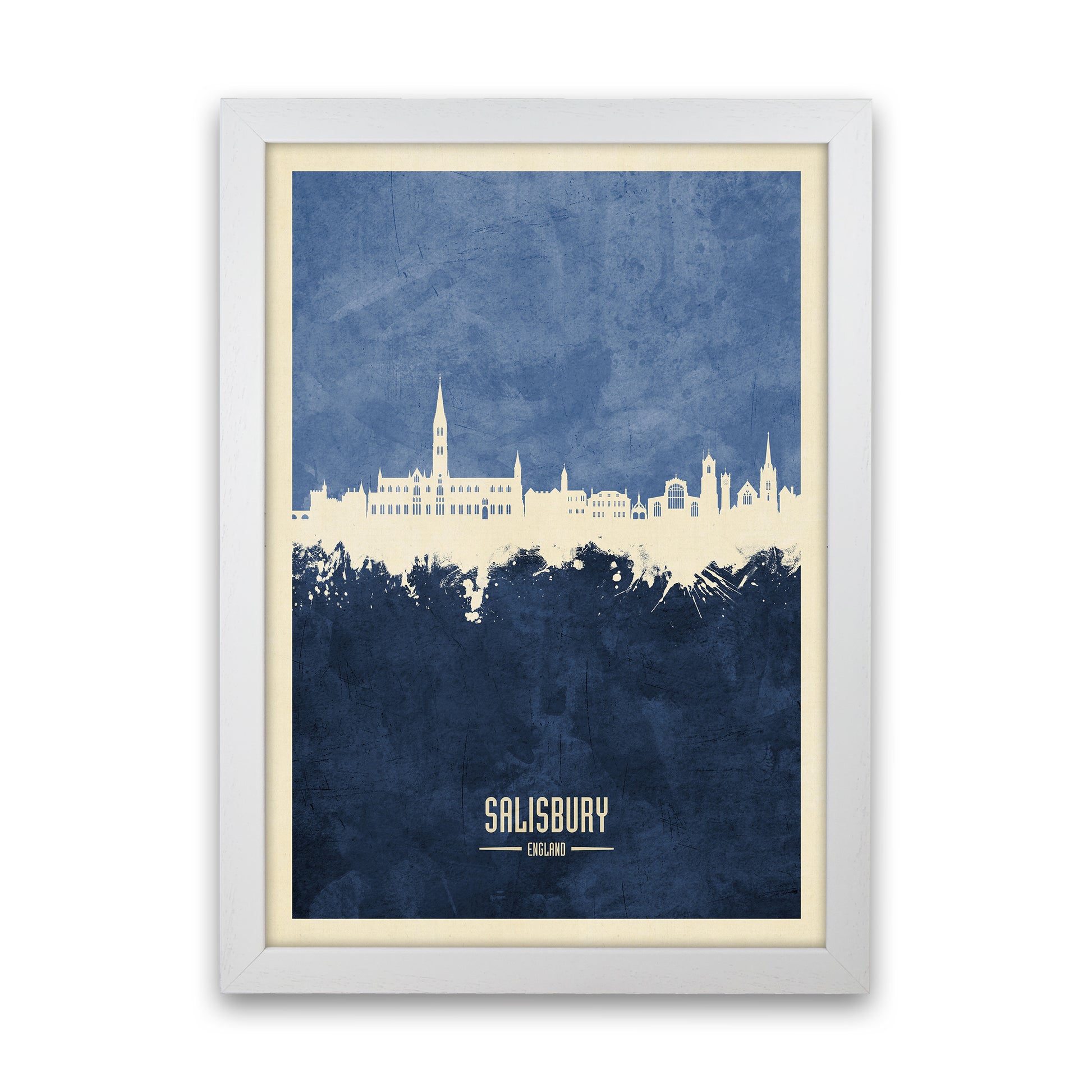 Salisbury England Skyline Portrait Navy Art Print by Michael Tompsett White Grain
