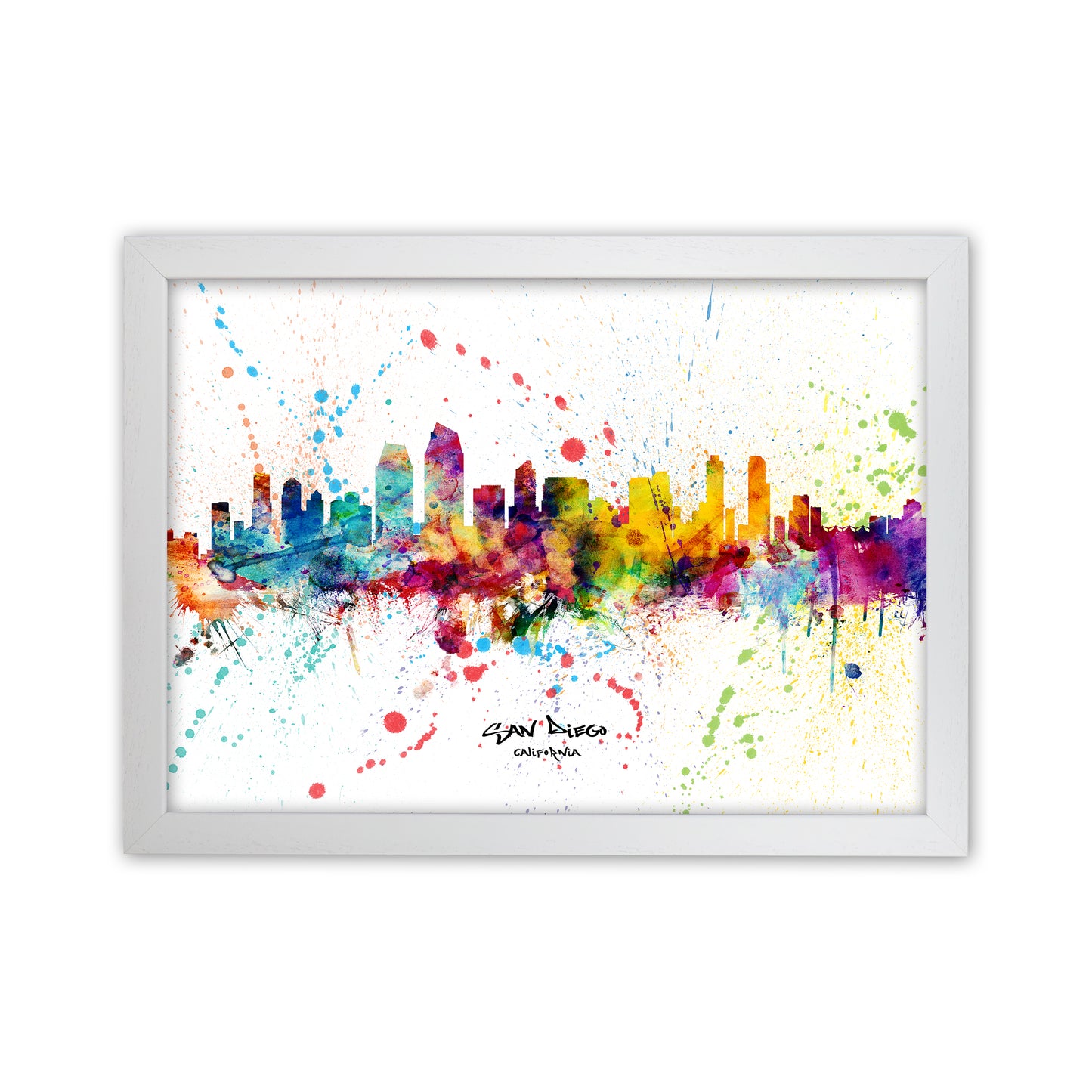 San Diego California Skyline Splash Art Print by Michael Tompsett White Grain