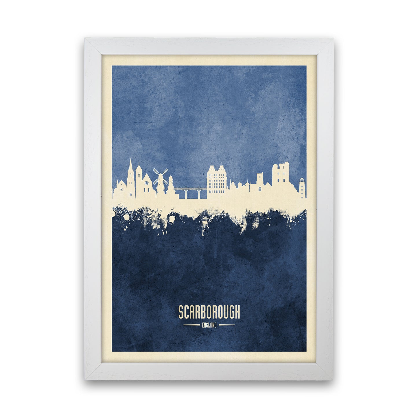 Scarborough England Skyline Portrait Navy Art Print by Michael Tompsett White Grain