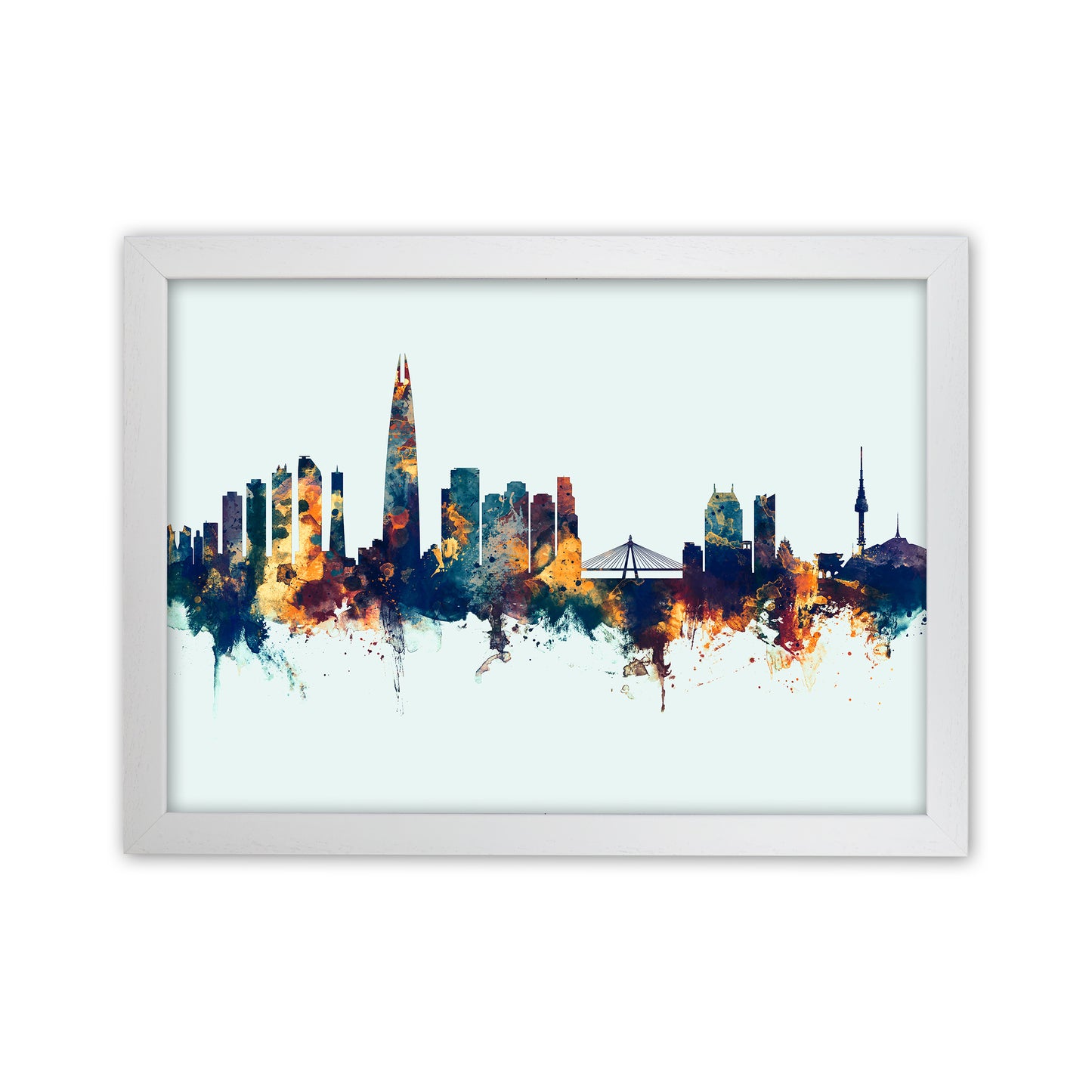 Seoul South Korea Skyline Blue Orange Art Print by Michael Tompsett White Grain