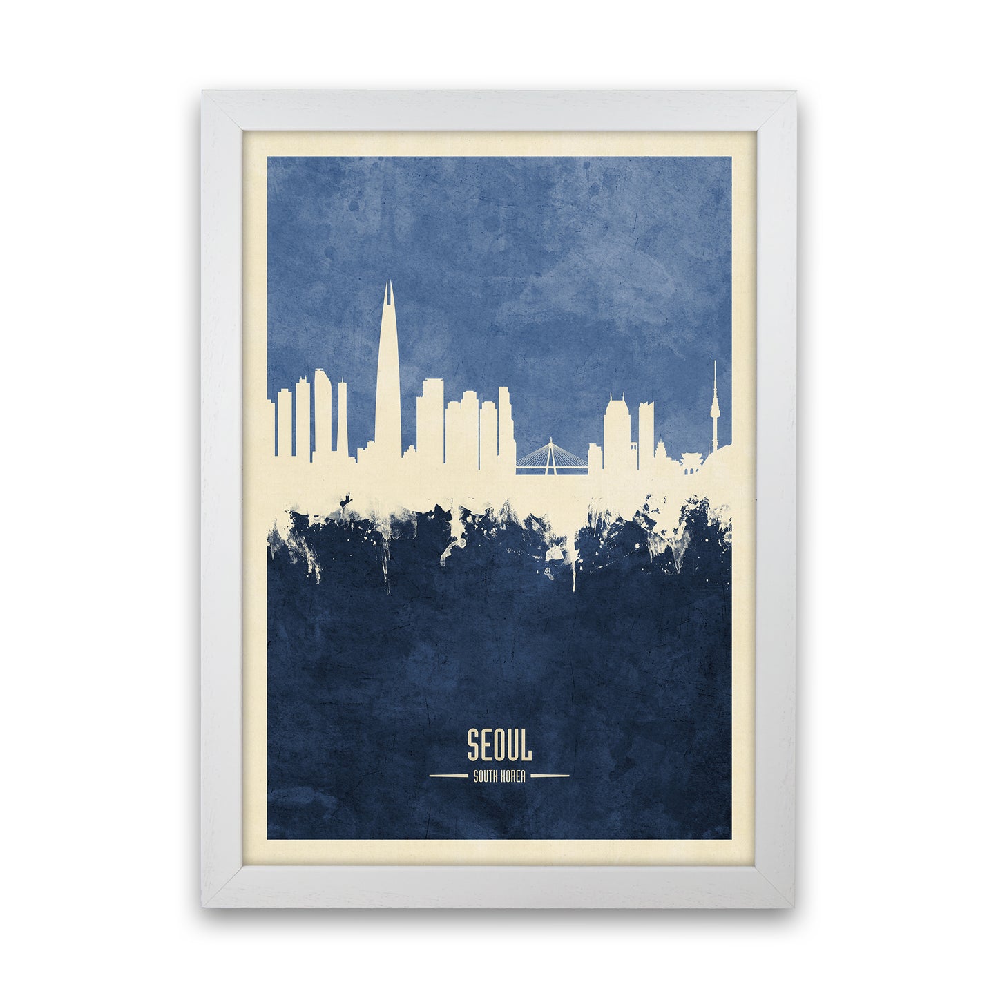 Seoul South Korea Skyline Portrait Navy Art Print by Michael Tompsett White Grain