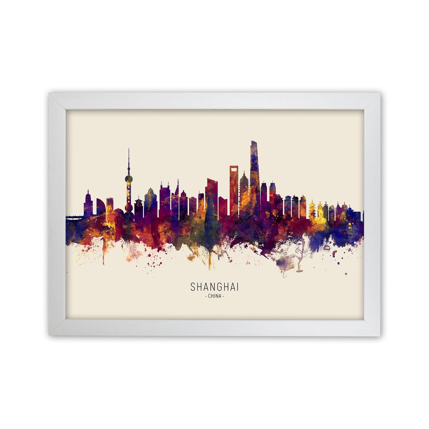 Shanghai China Skyline Autumn City Name Art Print by Michael Tompsett White Grain