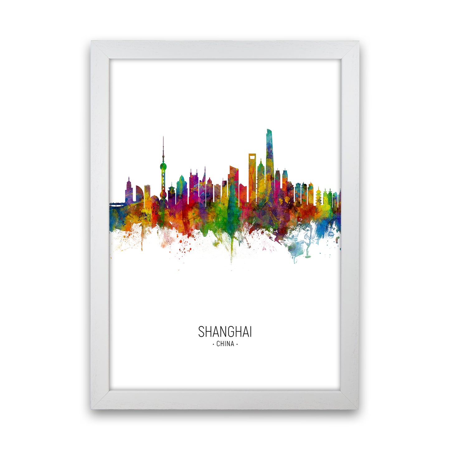 Shanghai China Skyline Portrait Art Print by Michael Tompsett White Grain