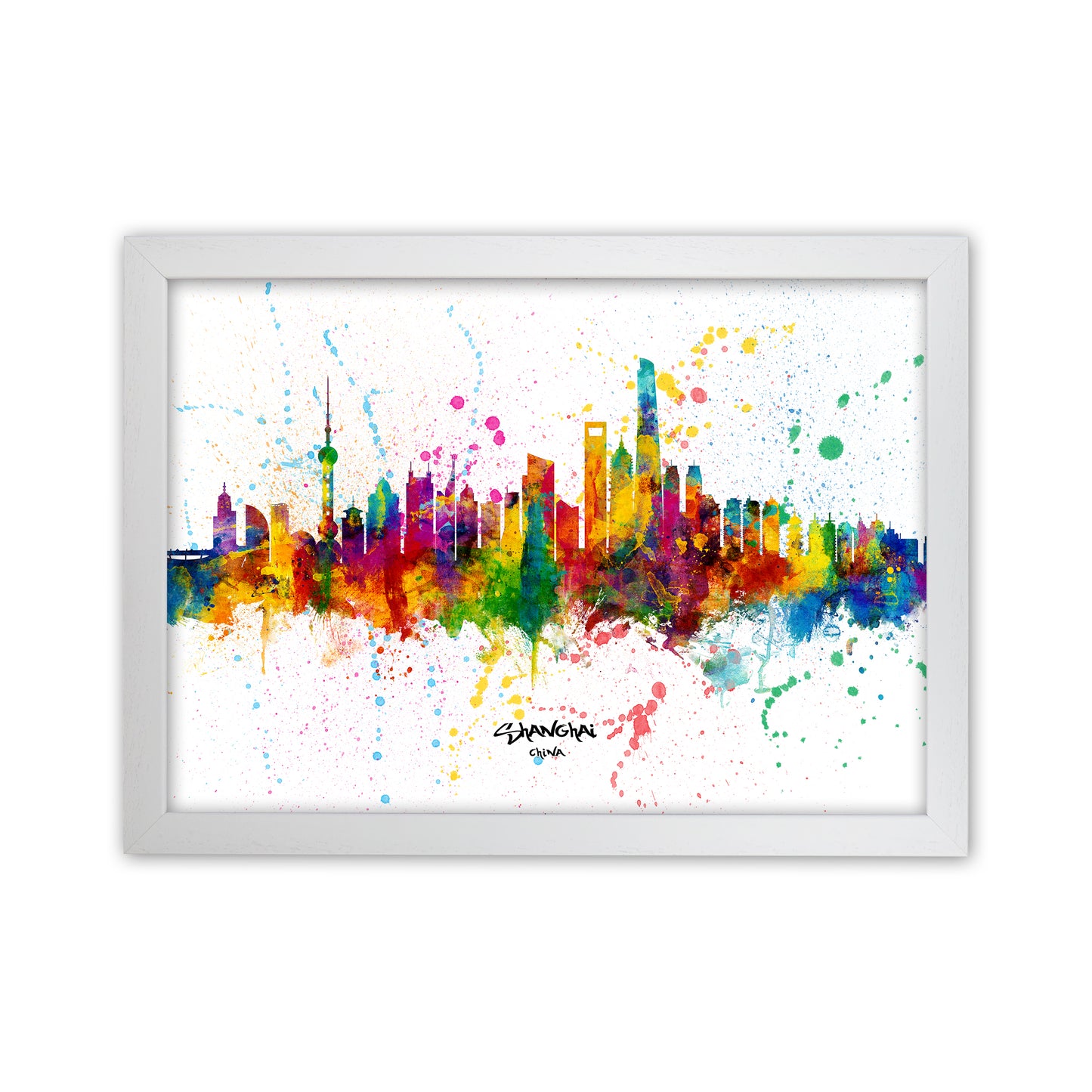 Shanghai China Skyline Splash Art Print by Michael Tompsett White Grain
