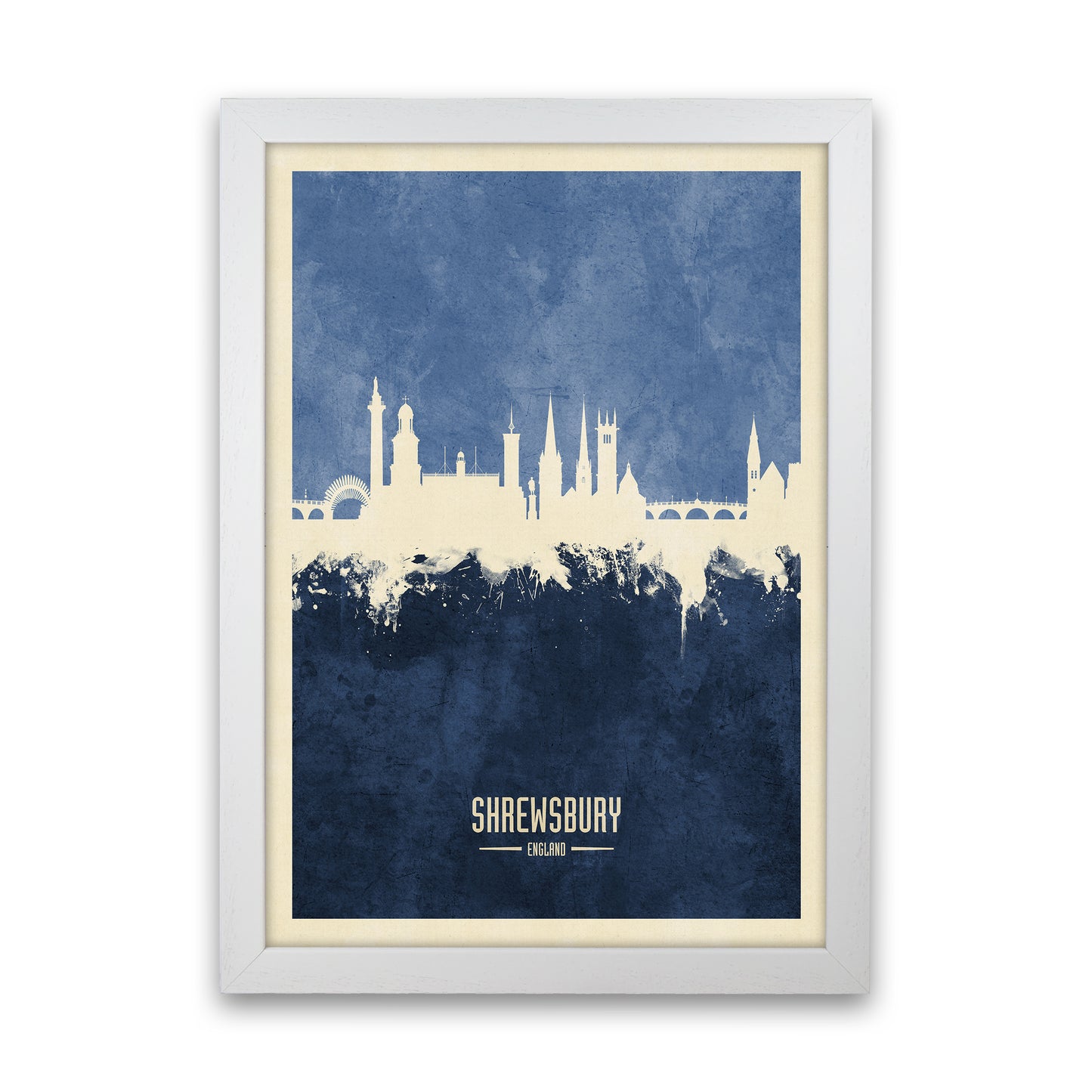 Shrewsbury England Skyline Portrait Navy Art Print by Michael Tompsett White Grain