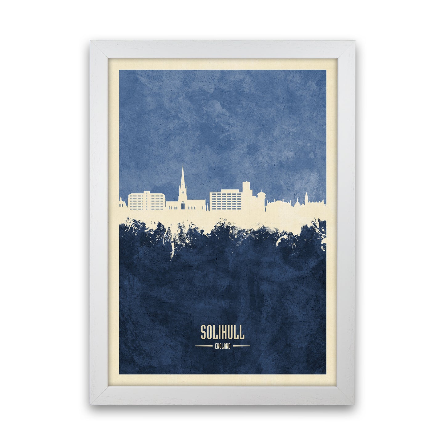 Solihull England Skyline Portrait Navy Art Print by Michael Tompsett White Grain