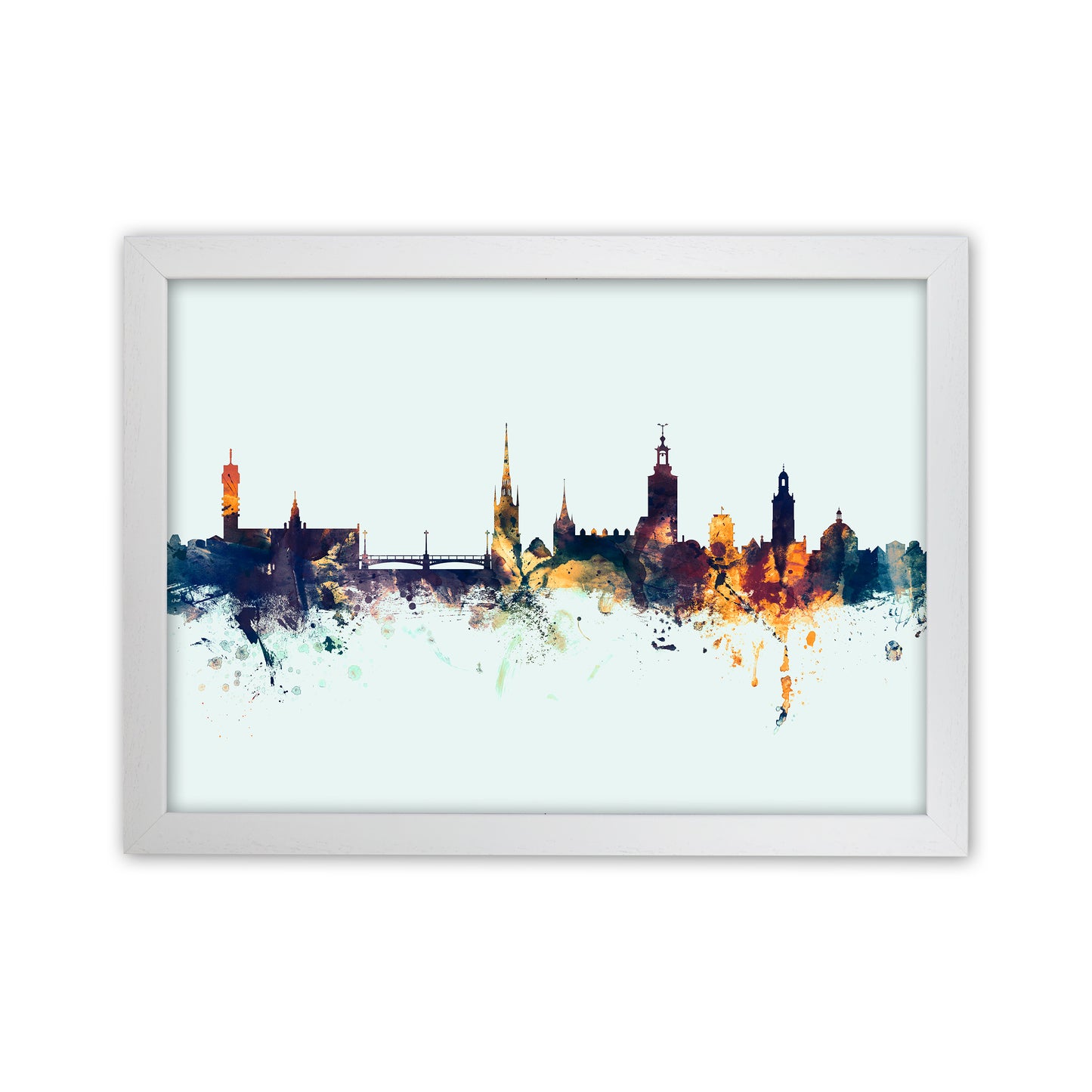 Stockholm Sweden Skyline Blue Orange Art Print by Michael Tompsett White Grain