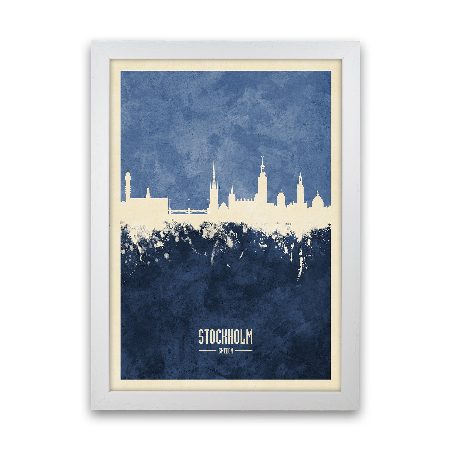 Stockholm Sweden Skyline Portrait Navy Art Print by Michael Tompsett White Grain