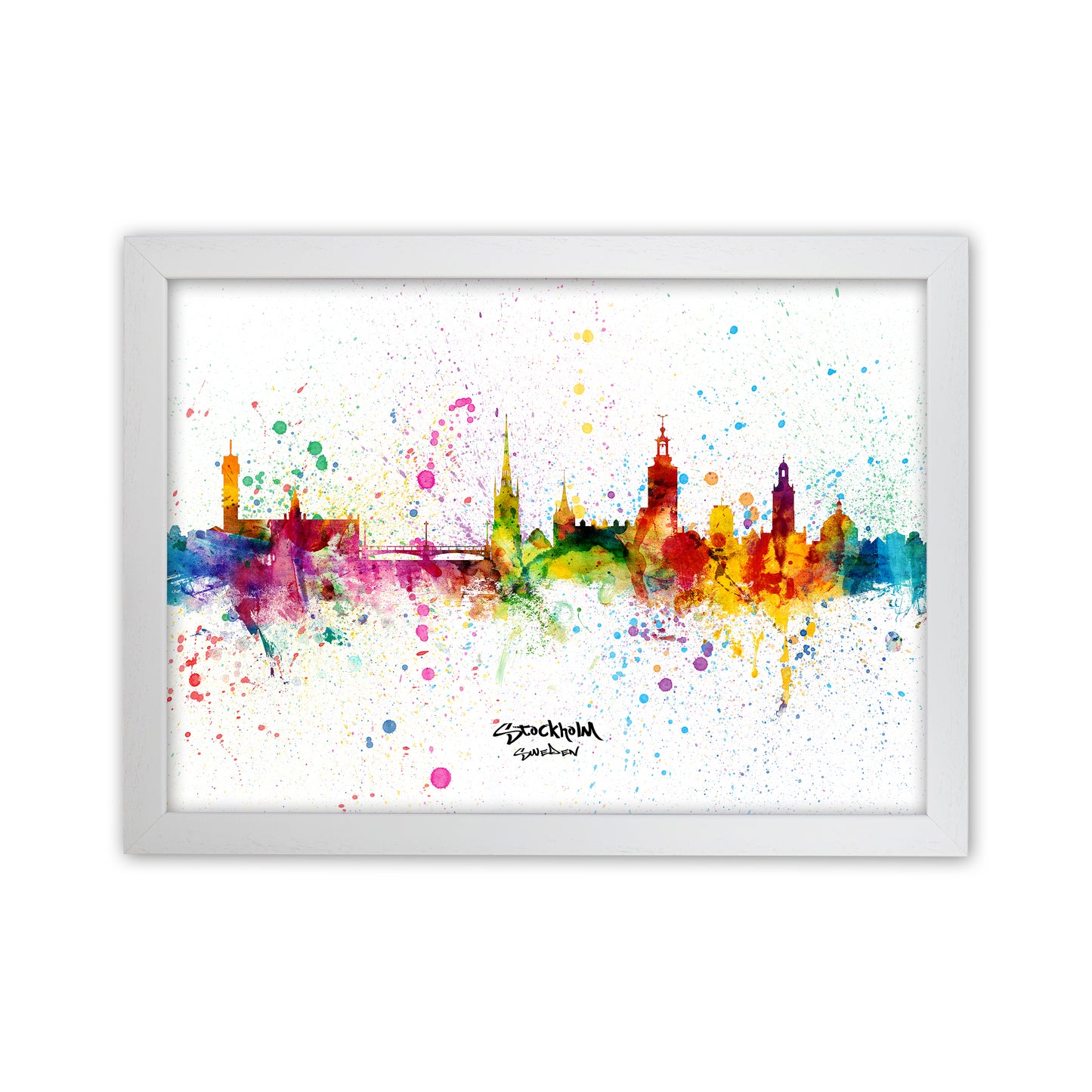 Stockholm Sweden Skyline Splash Art Print by Michael Tompsett White Grain