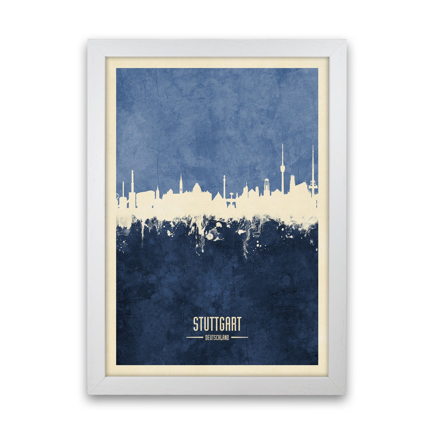 Stuttgart Germany Skyline Portrait Navy Art Print by Michael Tompsett White Grain