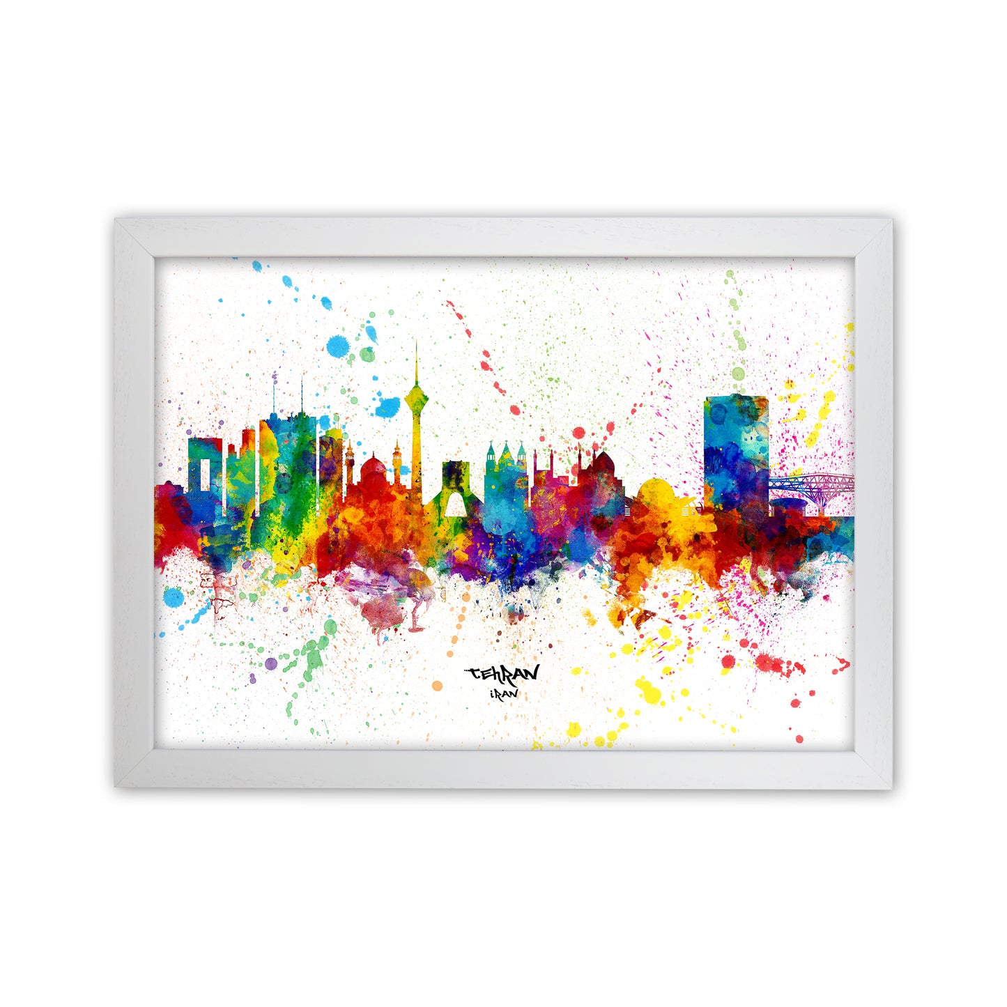Tehran Iran Skyline Splash Art Print by Michael Tompsett White Grain