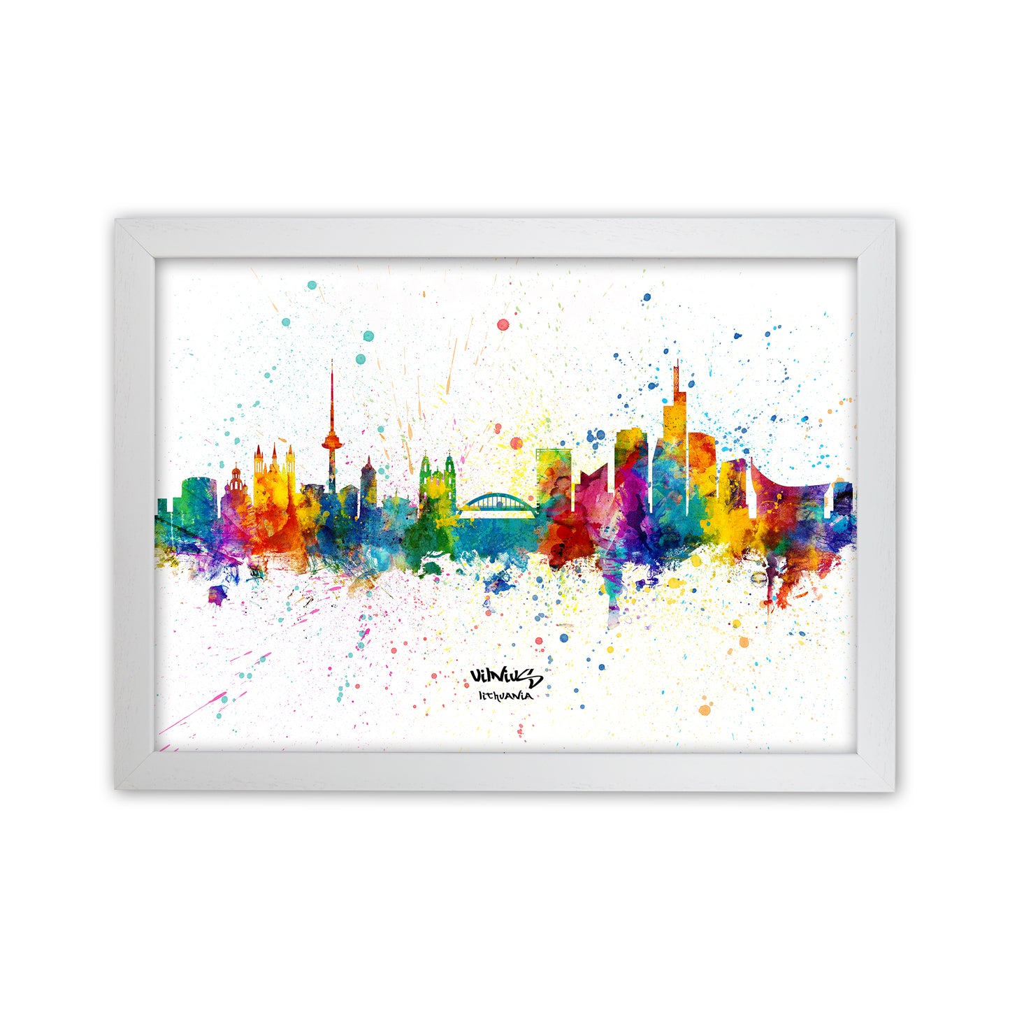 Vilnius Lithuania Skyline Splash Art Print by Michael Tompsett White Grain