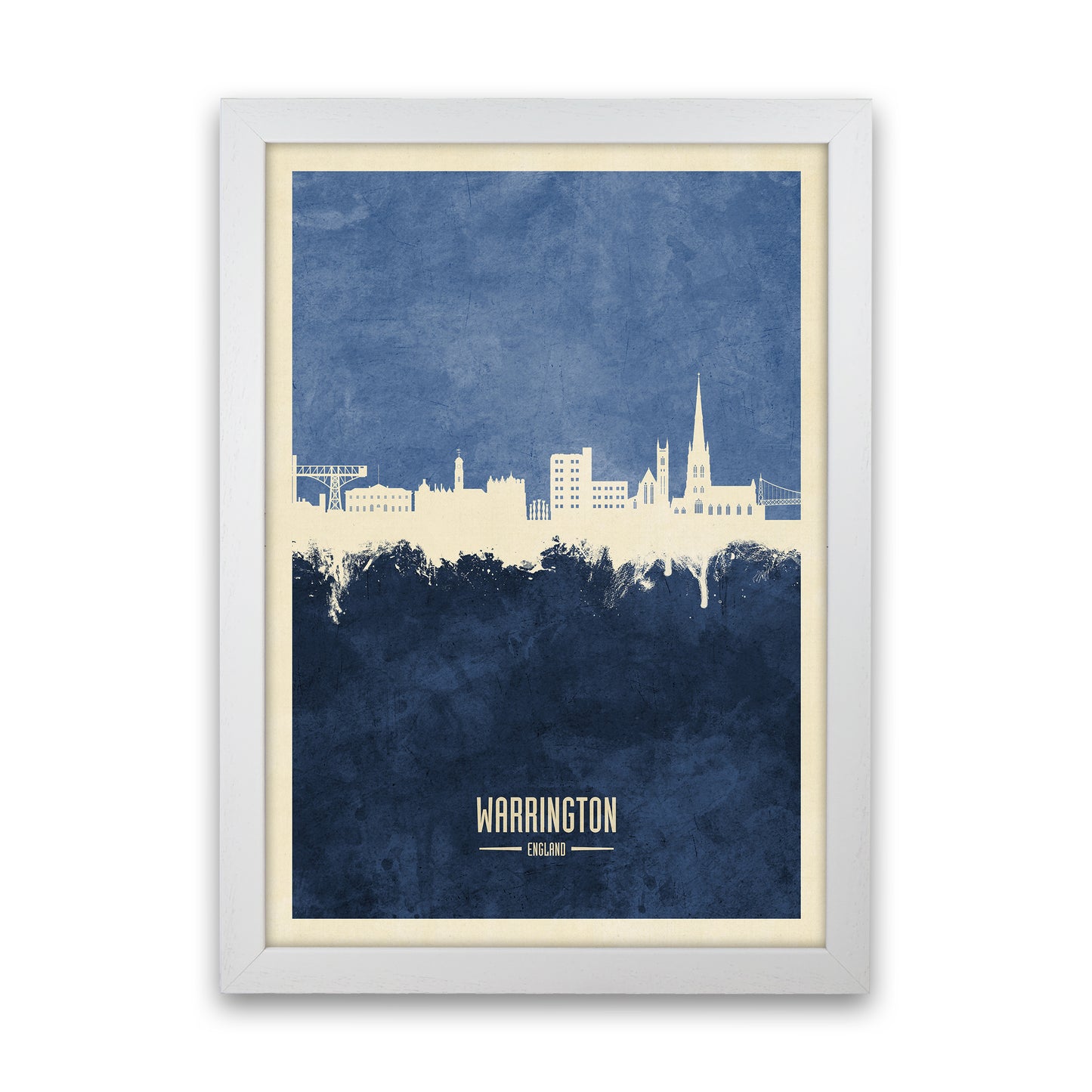 Warrington England Skyline Portrait Navy Art Print by Michael Tompsett White Grain