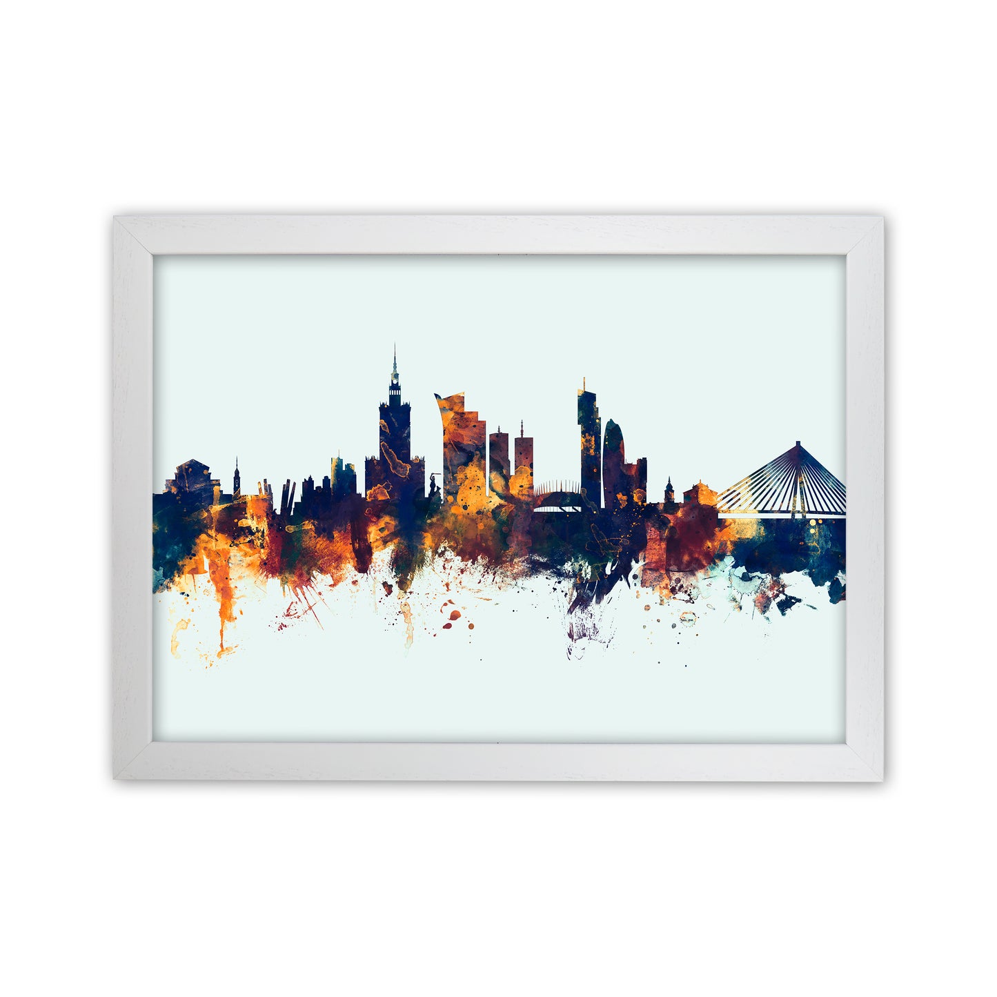 Warsaw Poland Skyline Blue Orange Art Print by Michael Tompsett White Grain