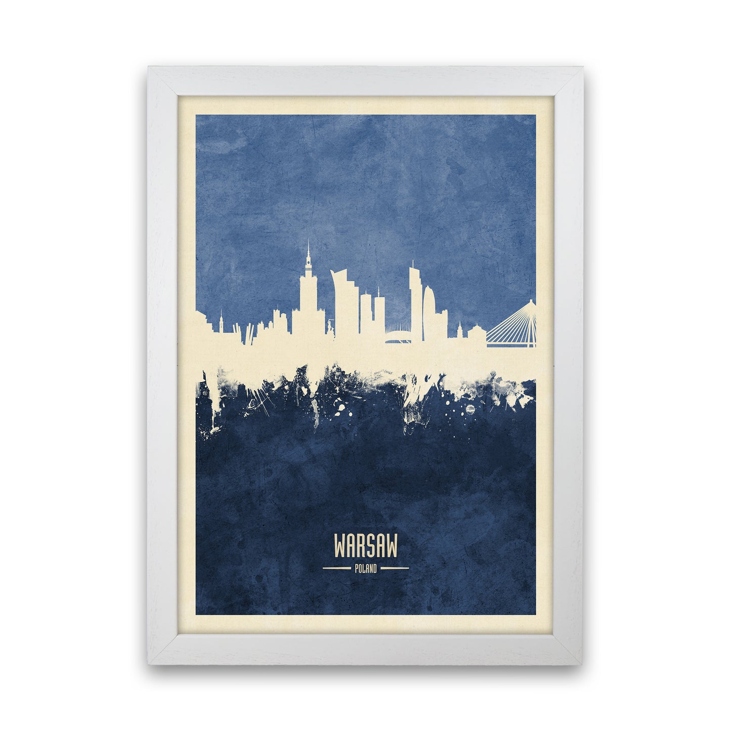 Warsaw Poland Skyline Portrait Navy Art Print by Michael Tompsett White Grain
