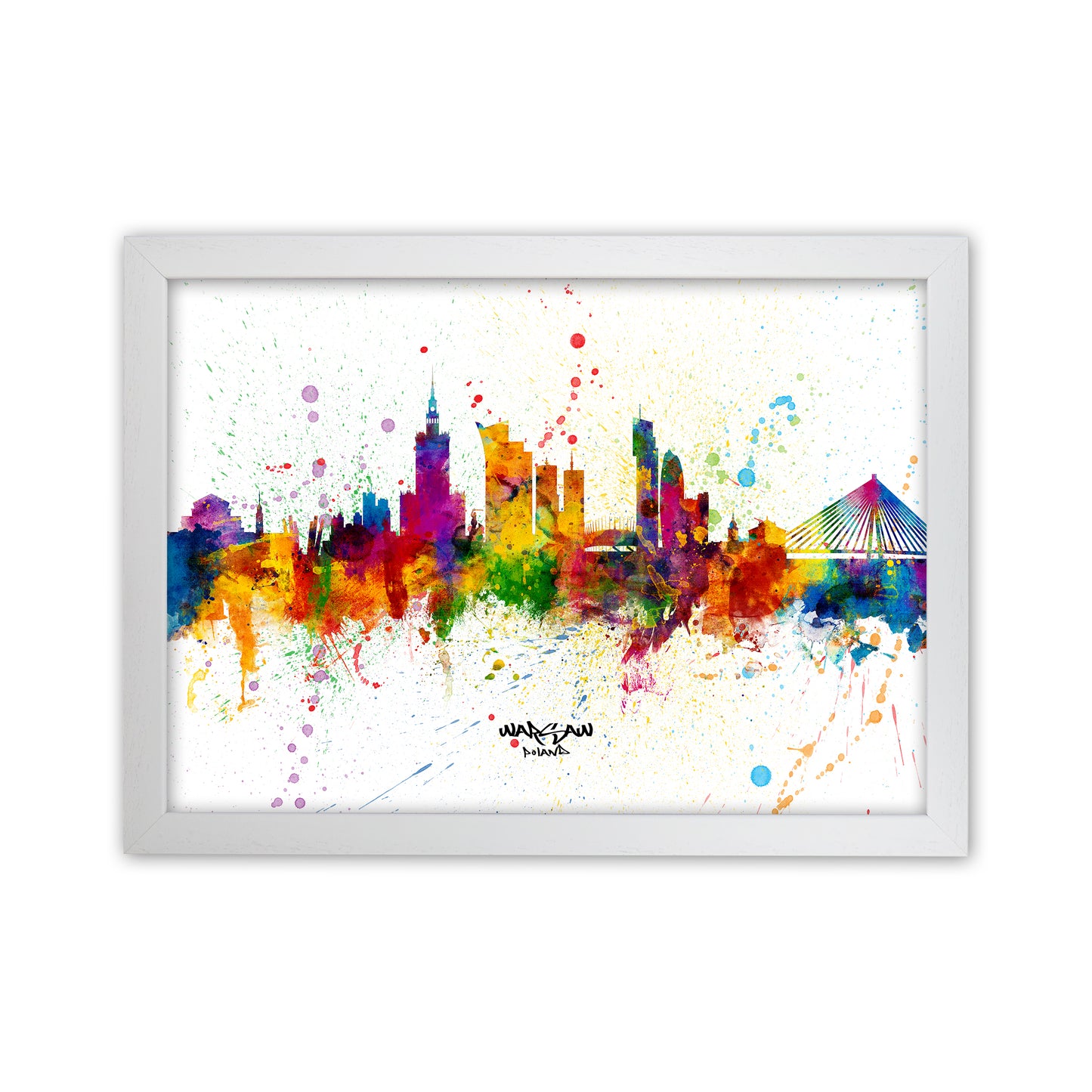 Warsaw Poland Skyline Splash Art Print by Michael Tompsett White Grain
