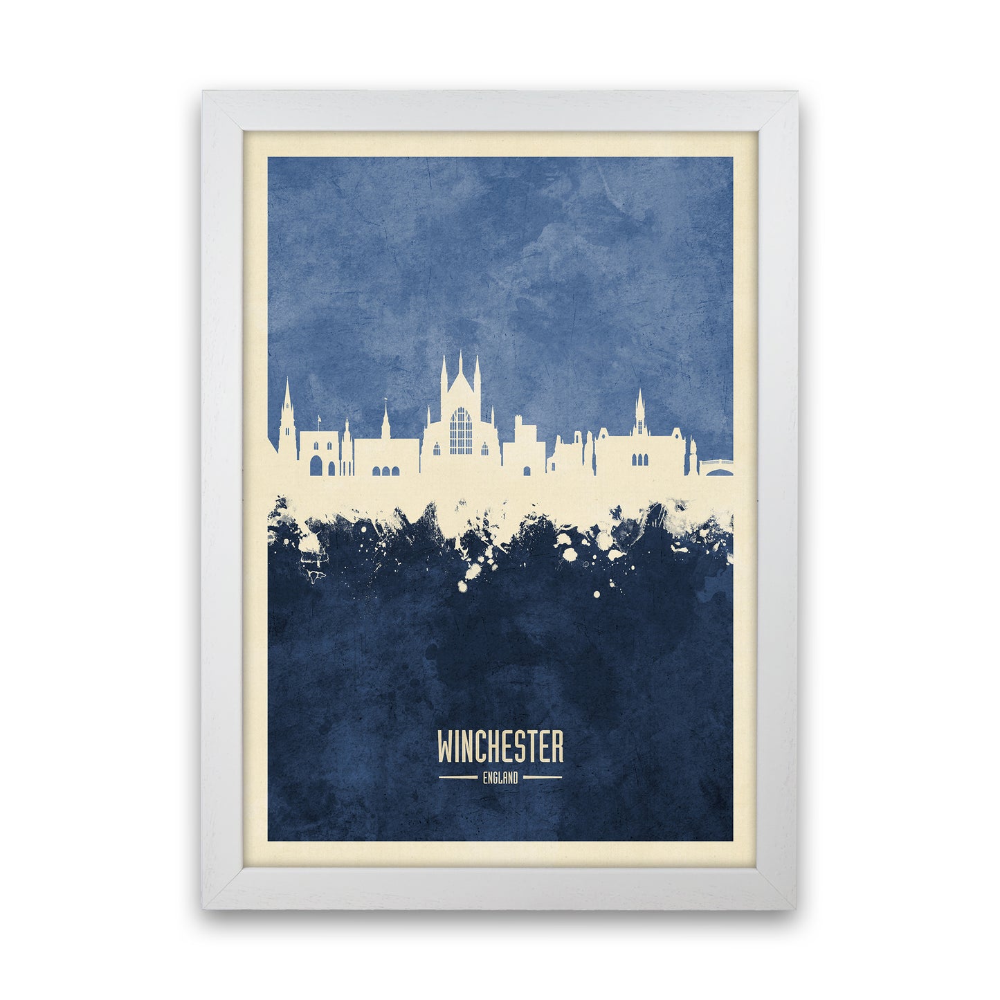 Winchester England Skyline Portrait Navy Art Print by Michael Tompsett White Grain