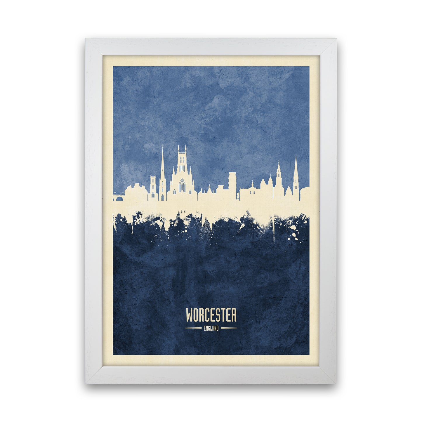 Worcester England Skyline Portrait Navy Art Print by Michael Tompsett White Grain