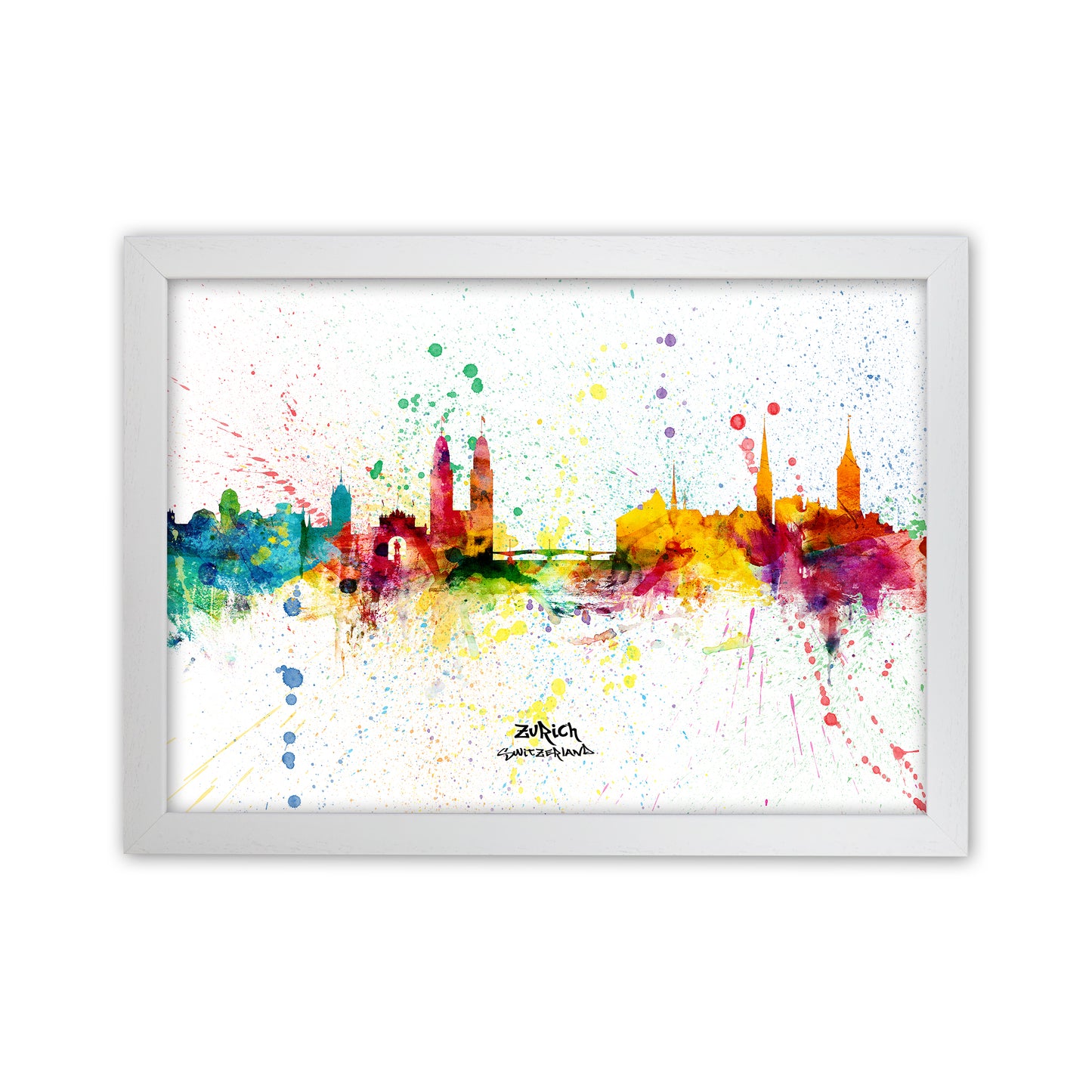 Zurich Switzerland Skyline Splash Art Print by Michael Tompsett White Grain