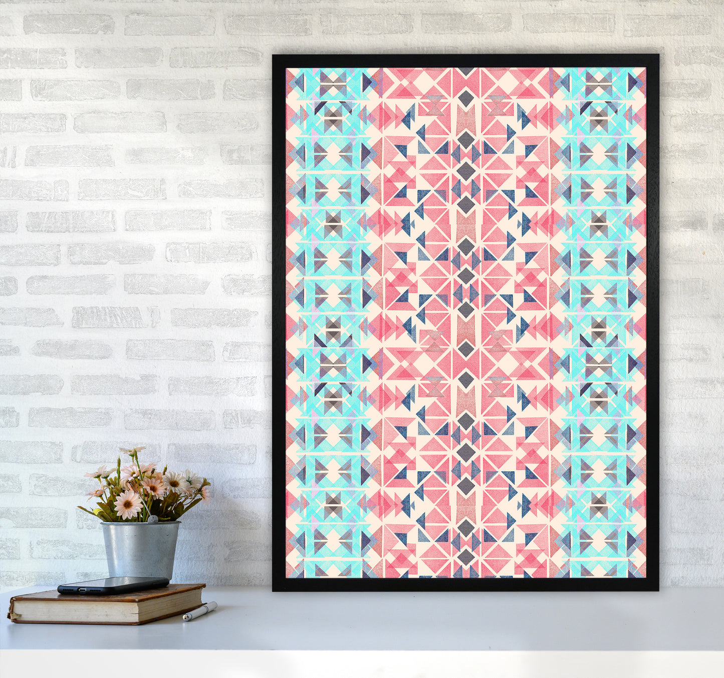 Boho Nomadic Tribal Coral Pastel Abstract Art Print by Ninola Design A1 White Frame