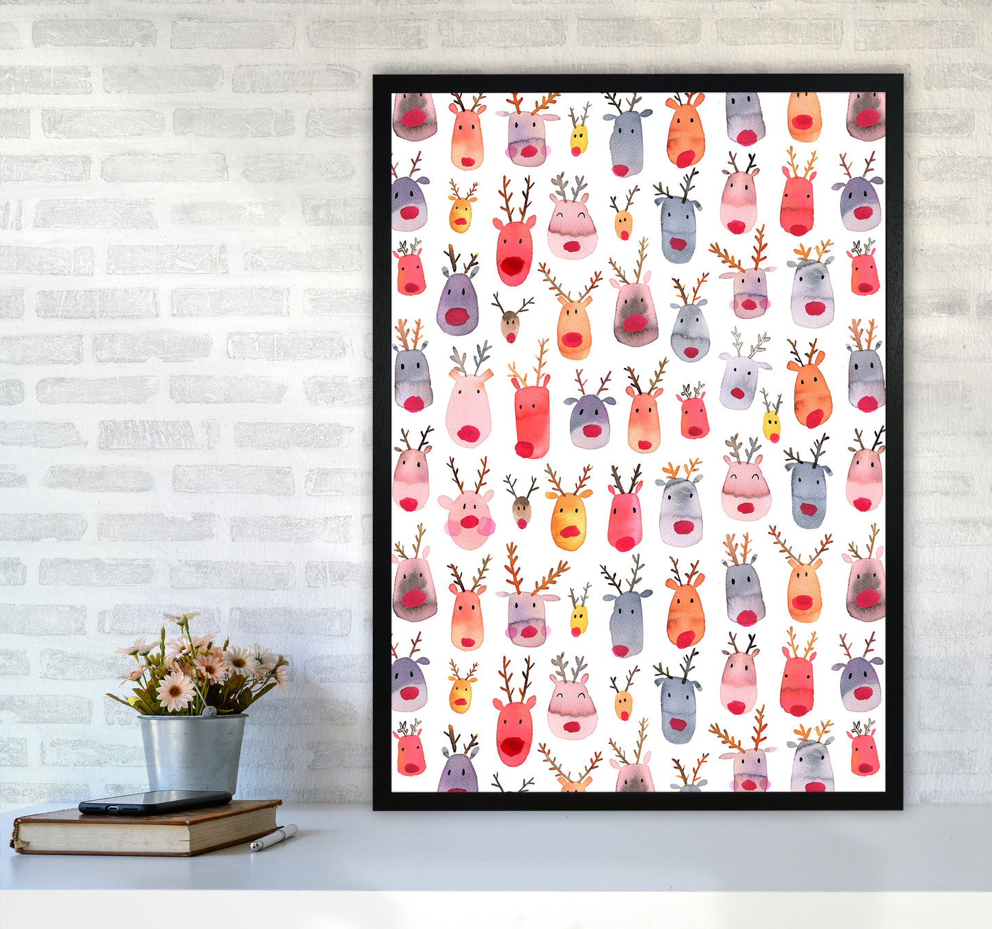 Cute Winter Reindeers Kids Abstract Art Print by Ninola Design A1 White Frame