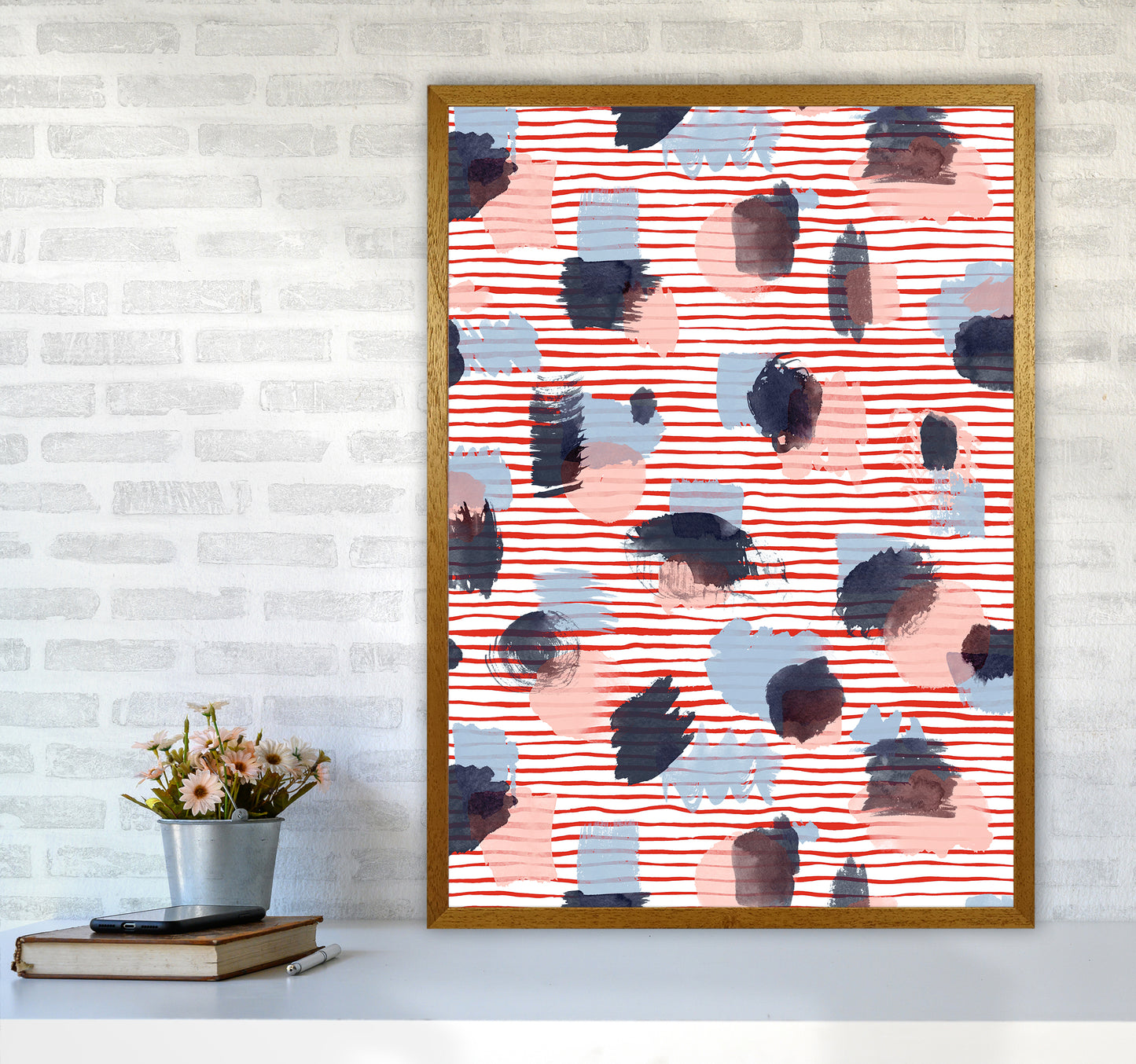 Watercolor Stains Stripes Red Abstract Art Print by Ninola Design A1 Print Only