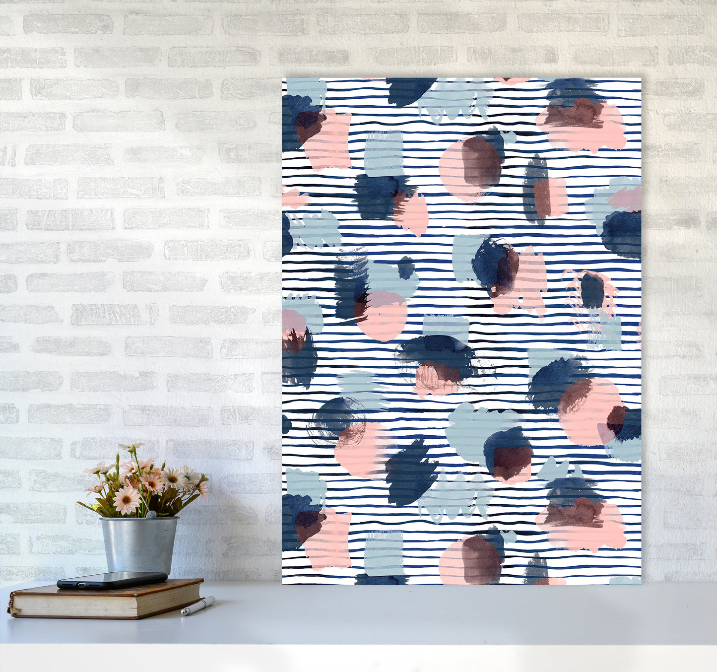 Watercolor Stains Stripes Navy Abstract Art Print by Ninola Design A1 Black Frame