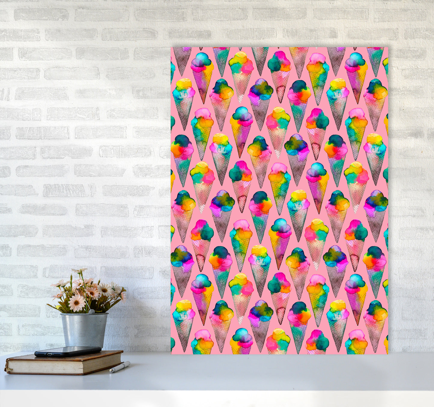 Cute Ice Creams Kids Pink Abstract Art Print by Ninola Design A1 Black Frame