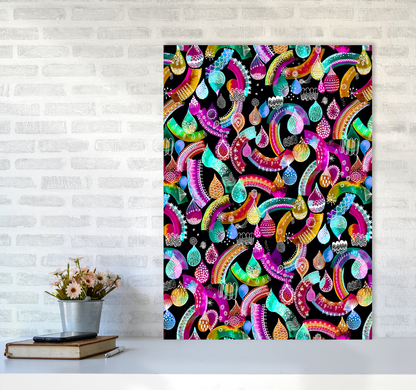 Rainbow Lace Neon Kids Abstract Art Print by Ninola Design A1 Black Frame