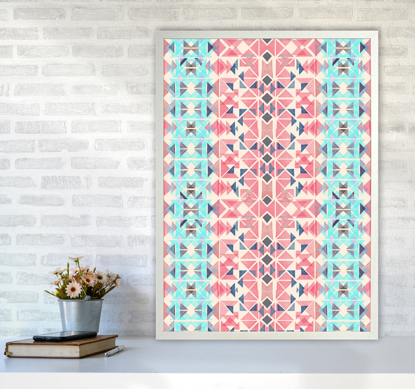 Boho Nomadic Tribal Coral Pastel Abstract Art Print by Ninola Design A1 Oak Frame