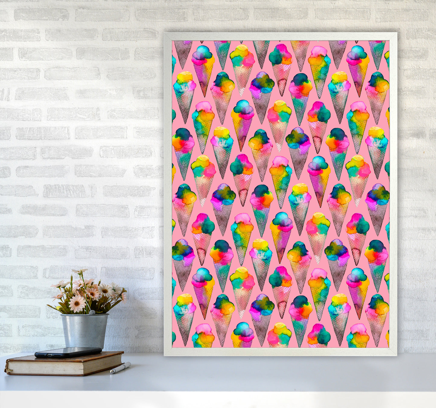 Cute Ice Creams Kids Pink Abstract Art Print by Ninola Design A1 Oak Frame